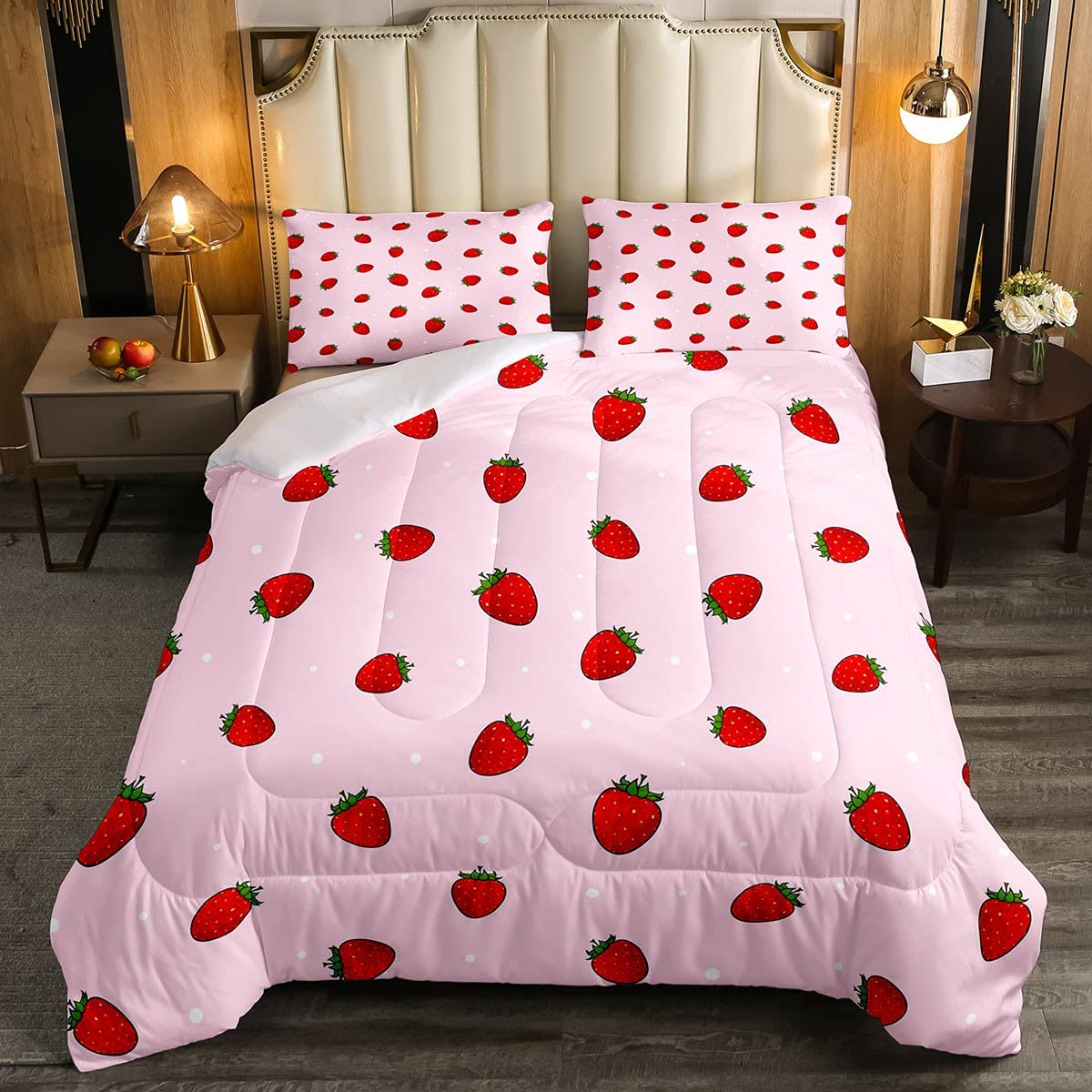 Feelyou Strawberry Comforter Set - Kawaii Twin Size Bedding for Girls, Teens & Women | Ultra Soft Pink Fruit Polka Dot Duvet Cover | Japanese Style Room Decor for Kids Bedroom, Dorm & Nursery