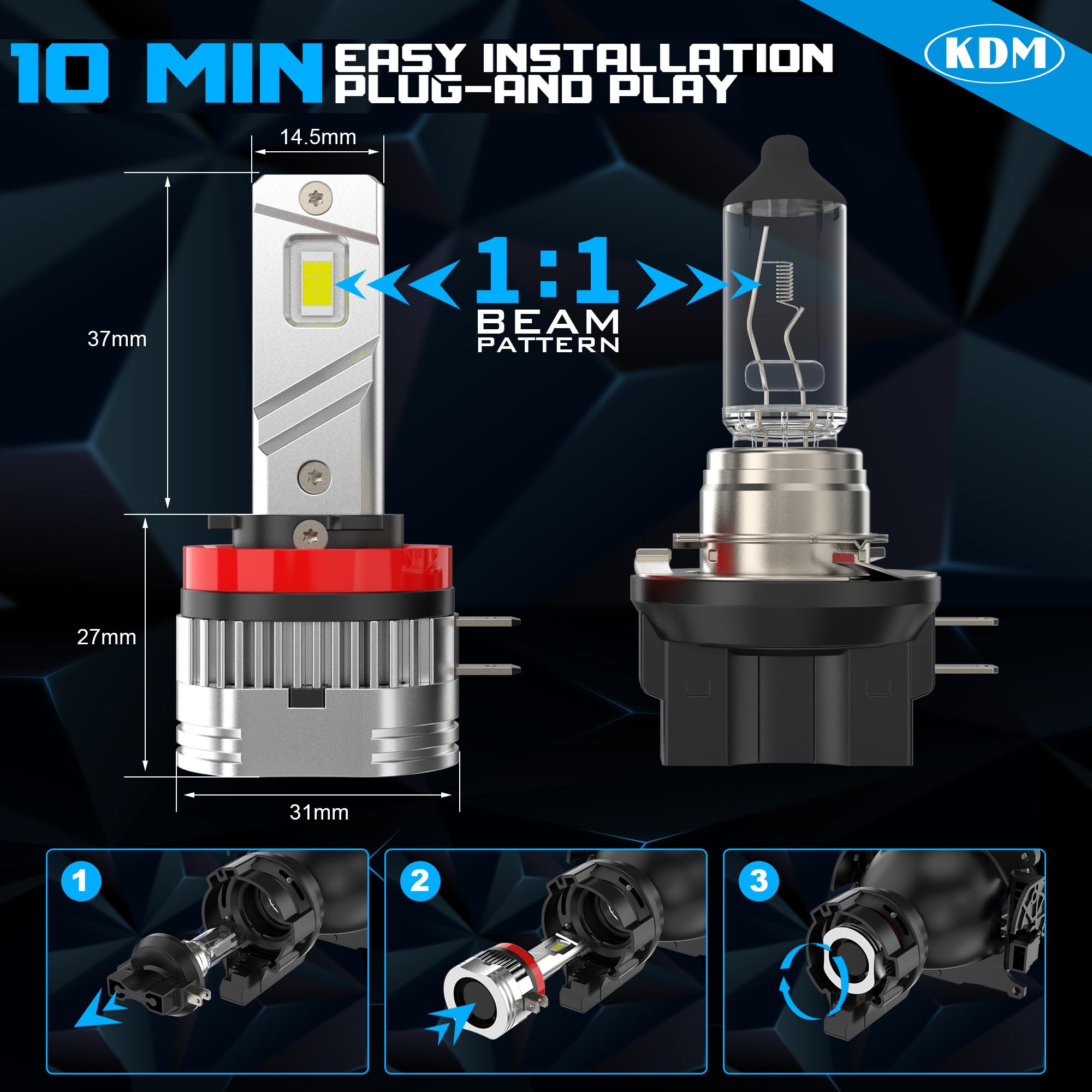 KDM H11B LED Fog Light Bulb - 80W 10000LM High/Low Beam Replacement - 600% Brighter with Cooling Fan - 6000K White H11B LED Bulb Kit (2-Pack) - Perfect for Off-Roading, Night Driving & Foggy Conditions