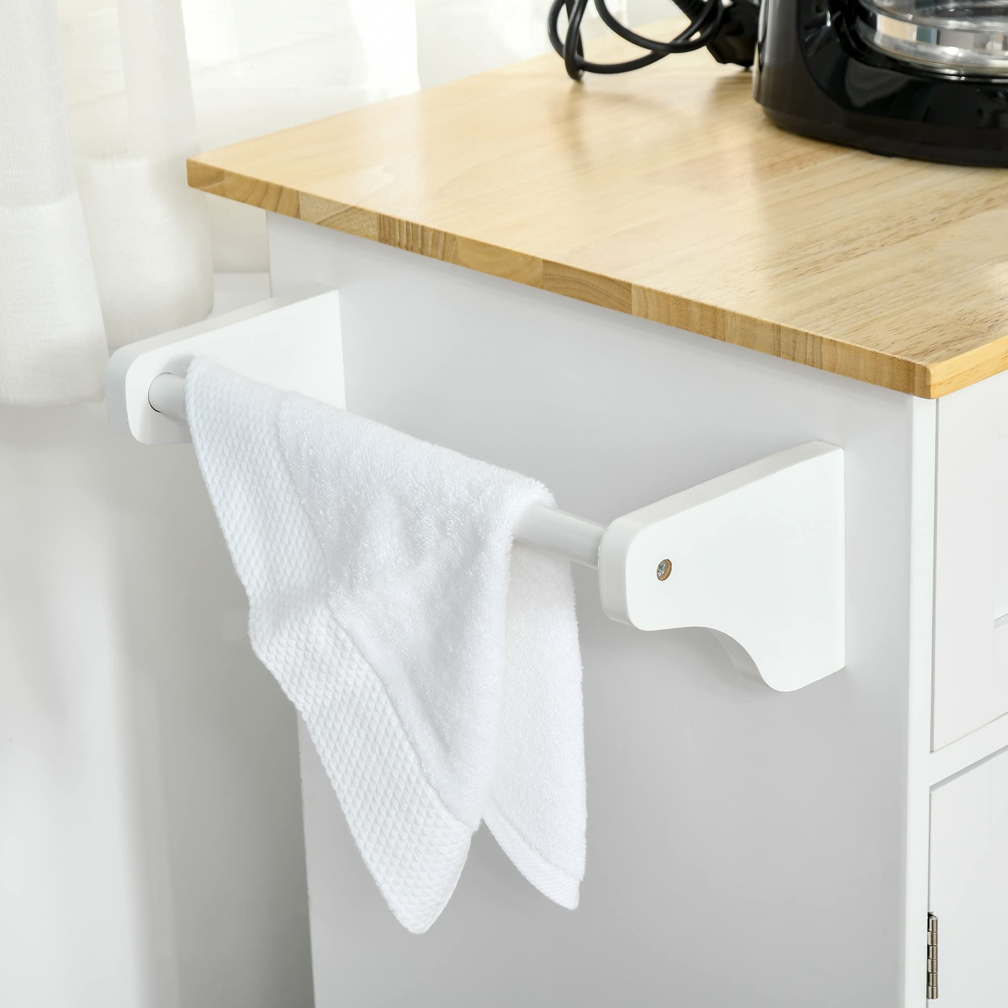 HOMCOM White Mobile Kitchen Island with Storage, Wood Top Kitchen Cart, 3-Door Cabinets, Adjustable Shelves & Towel Rack for Small Spaces, Apartments & Compact Kitchens