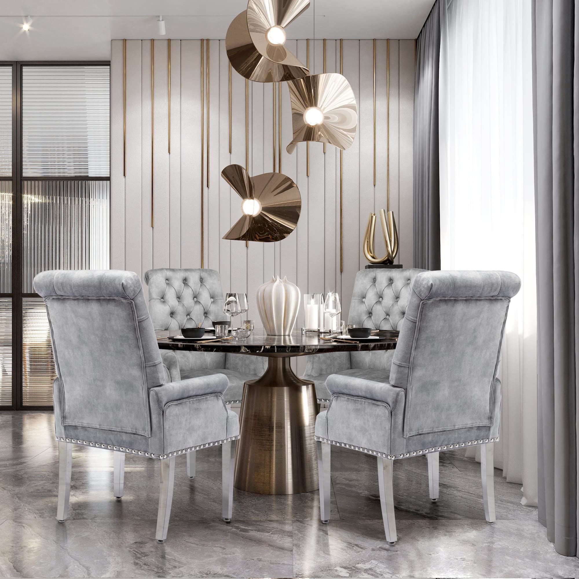 Luxury Velvet Dining Chairs Set of 2 - Modern Upholstered Tufted Armrest Chairs with Stainless Steel Legs - Elegant Grey Accent Chairs for Kitchen, Dining Room, Living Room & Bedroom - Perfect for Home Decor, Dinner Parties & Cozy Reading Nooks