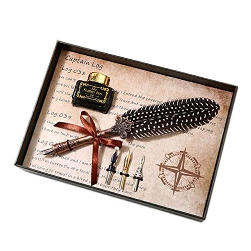 Vintage Feather Quill Dip Pen Set with 3 Nibs & Ink - Calligraphy Writing Pen for Letters, Journals, Wedding Invitations - Elegant Stationery Gift (Type 1, A846)