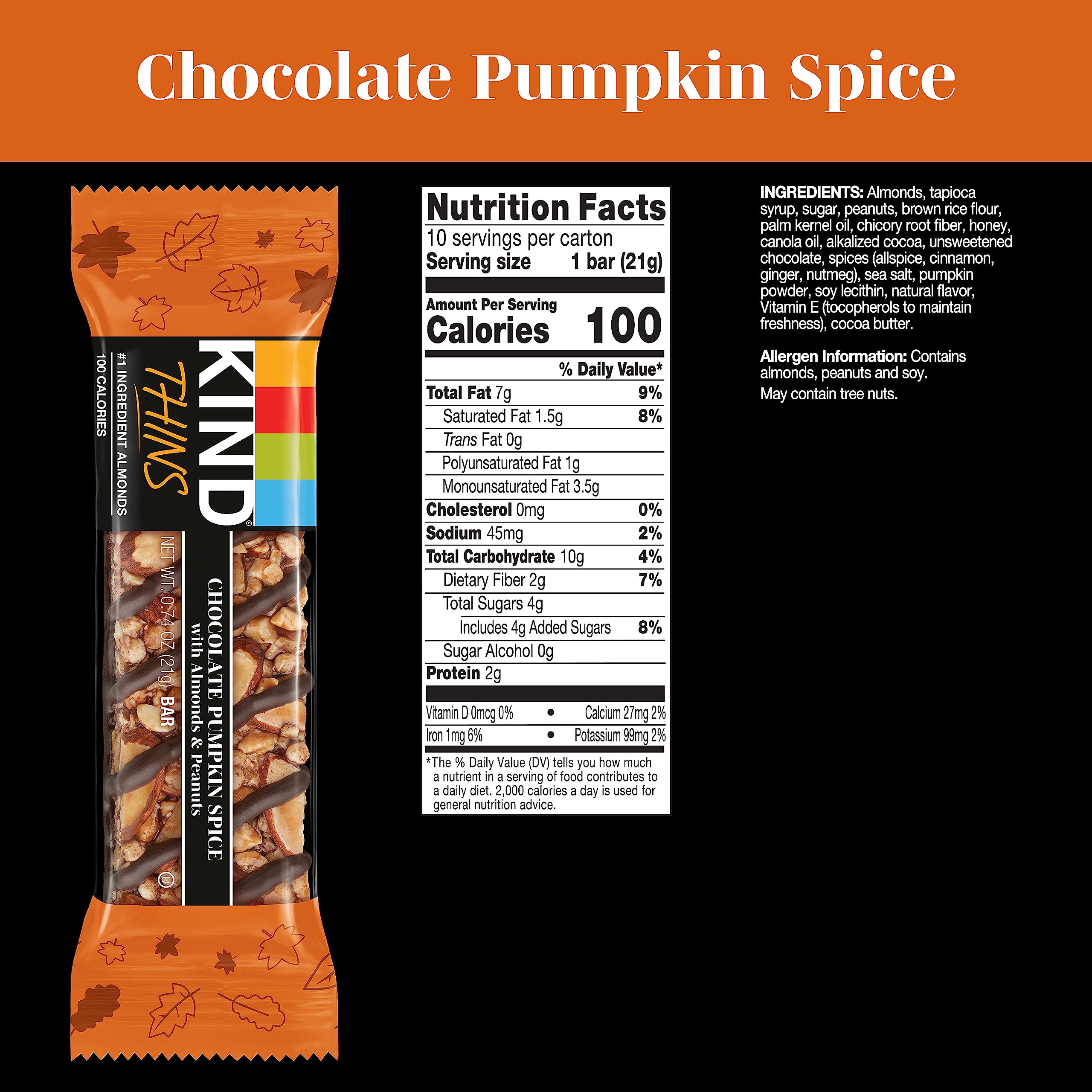 KIND THINS Chocolate Pumpkin Spice with Almonds & Peanuts - Gluten Free, 100 Calorie Healthy Snack Bars (10 Count) - Perfect for On-the-Go Breakfast, Office Snacks & Post-Workout Energy Boost