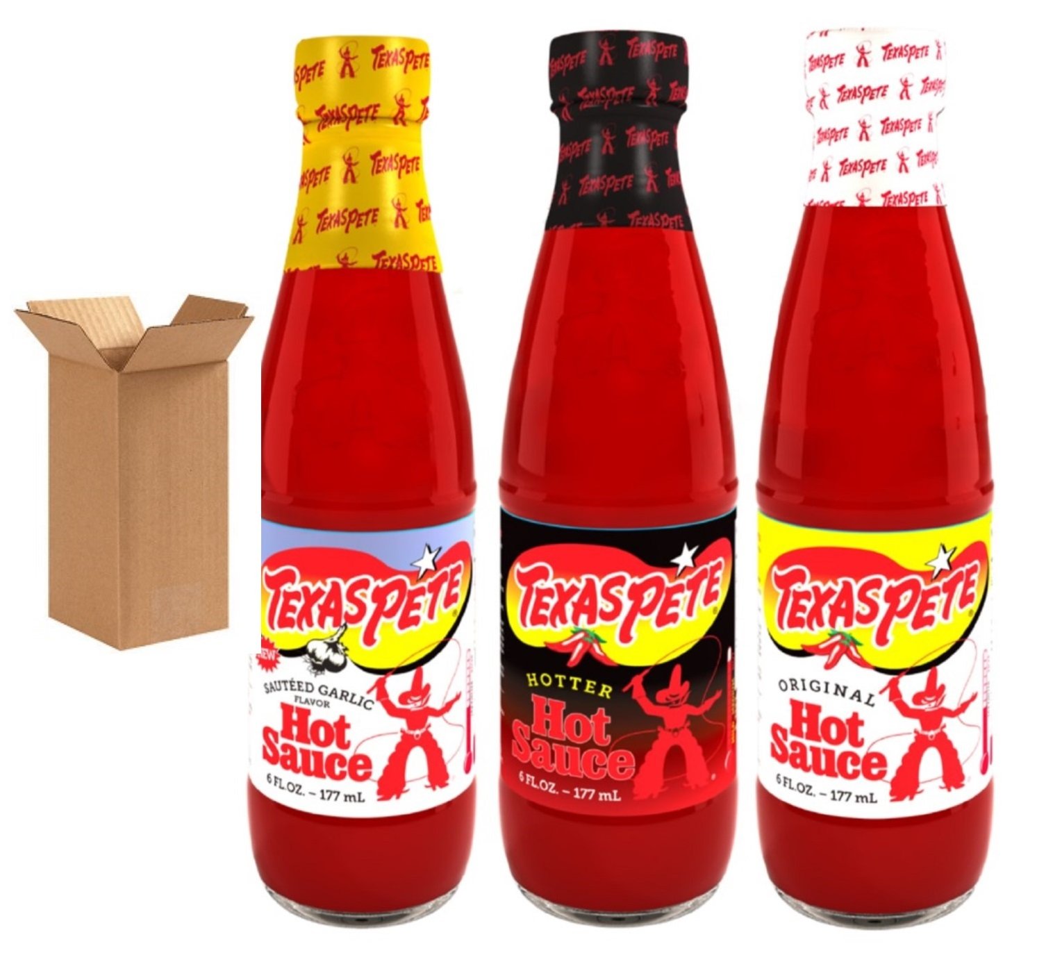 Texas Pete Hot Sauce Sampler Bundle - Hot, Hotter & Garlic Flavors (3 Pack, 6 oz Bottles) - Perfect for Wings, Tacos, Burgers & Spicy Food Lovers