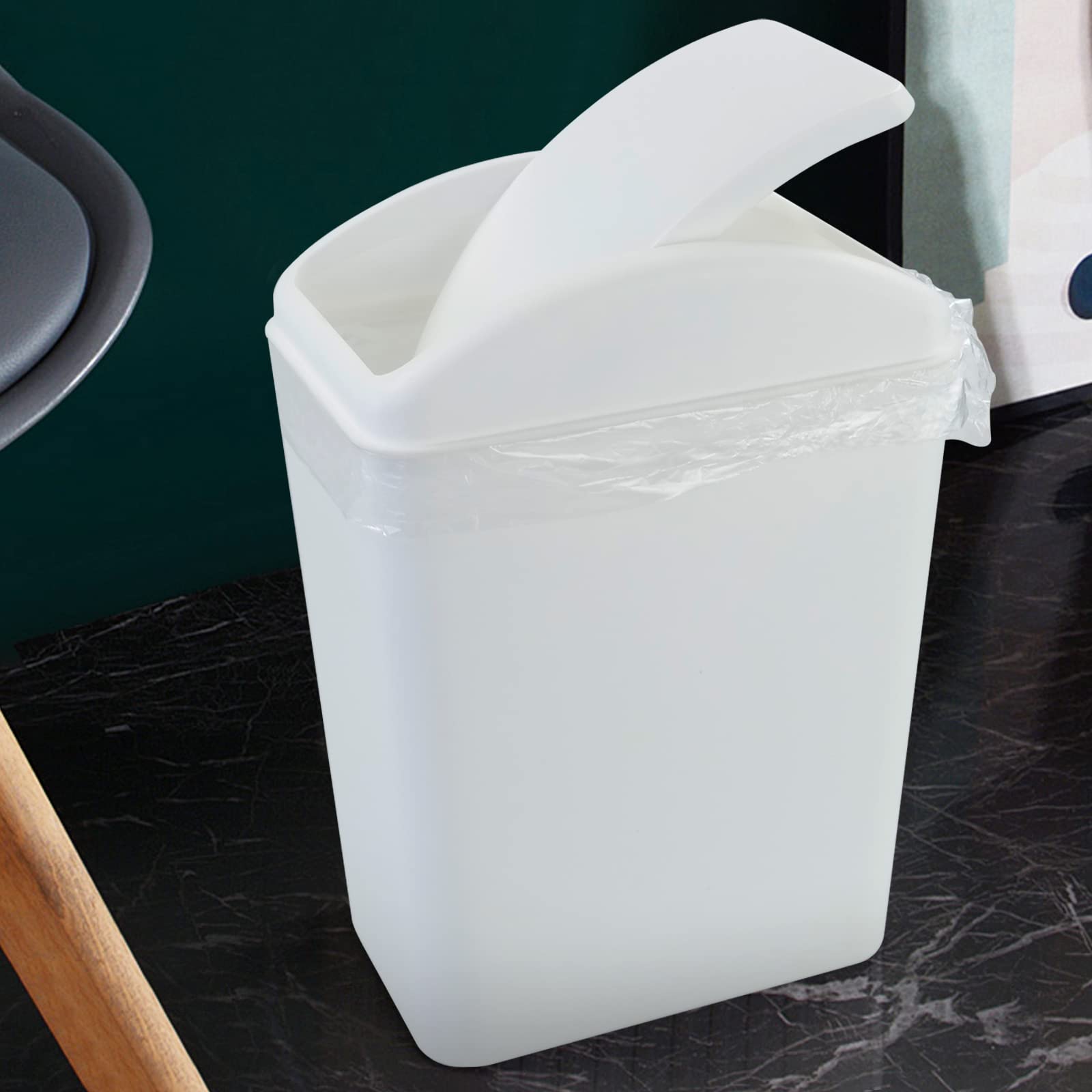 Qskely 4.5 Gallon Plastic Swing-Top Trash Can with Lid - White Kitchen Waste Bin for Bathroom, Office, Bedroom & Home Use