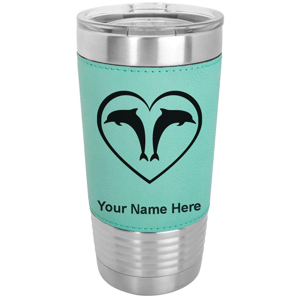 LaserGram 20oz Vacuum Insulated Stainless Steel Tumbler Mug with Leakproof Lid - Personalized Engraving, Faux Leather Wrap & Teal Dolphin Heart Design - Perfect for Coffee, Tea & Cold Drinks at Home, Office or Travel