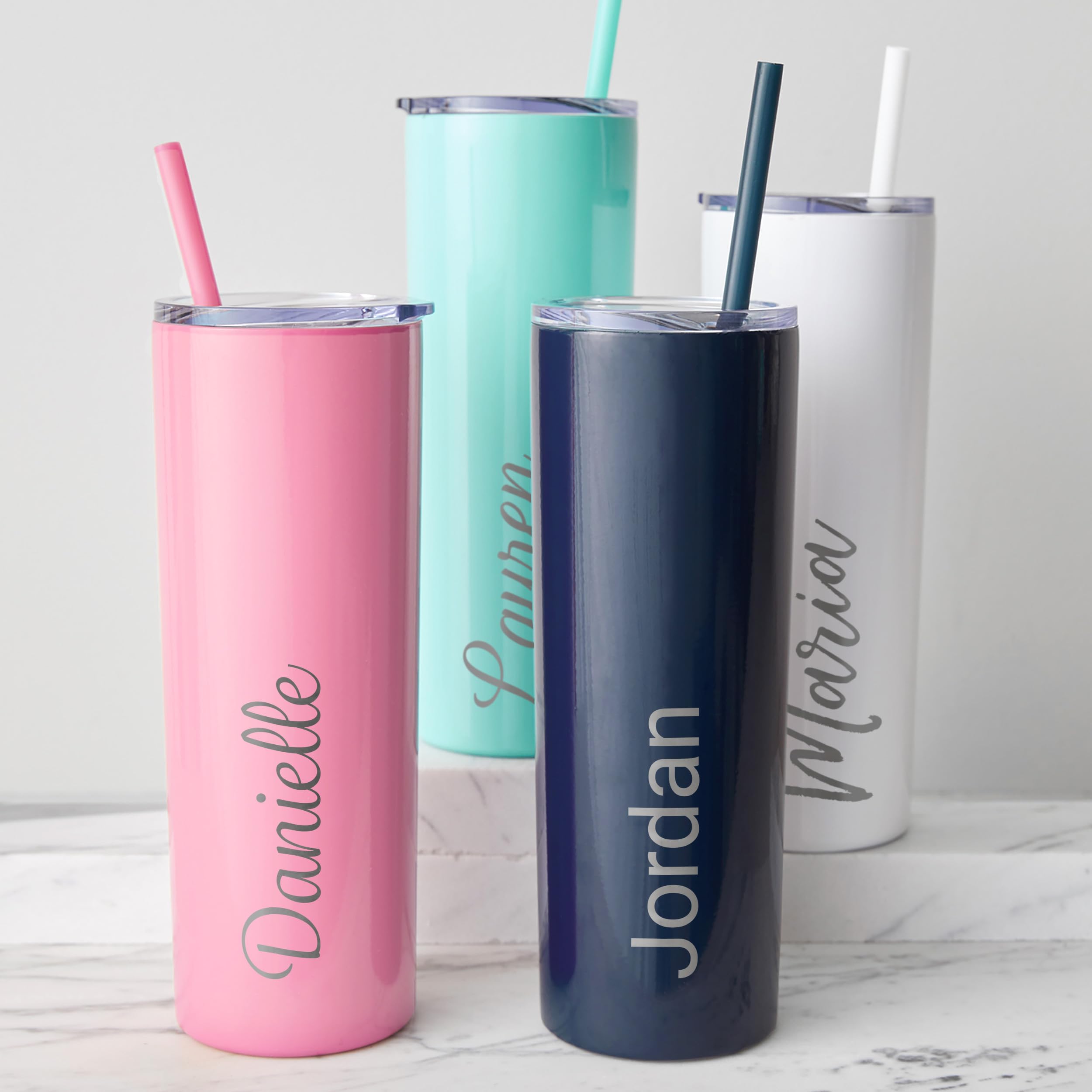 Personalized Stainless Steel Vacuum Insulated 20 oz Skinny Tumbler with Straw - Custom Engraved Name (Navy) - Perfect for Gifts, Office, Gym & Outdoor Activities