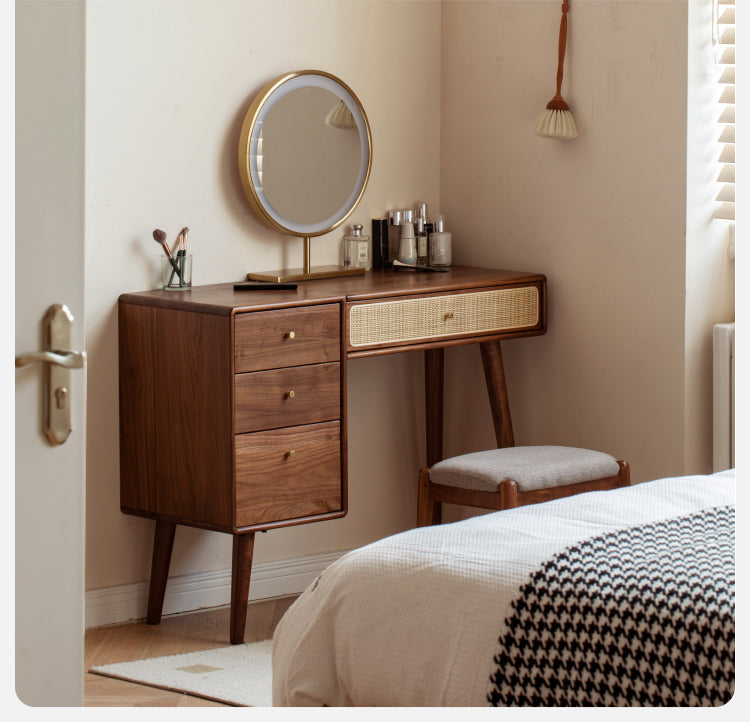 Premium Black Walnut Solid Wood Rattan Vanity Dressing Table - Elegant Makeup Desk with Mirror for Bedroom, Bathroom & Boudoir Organization