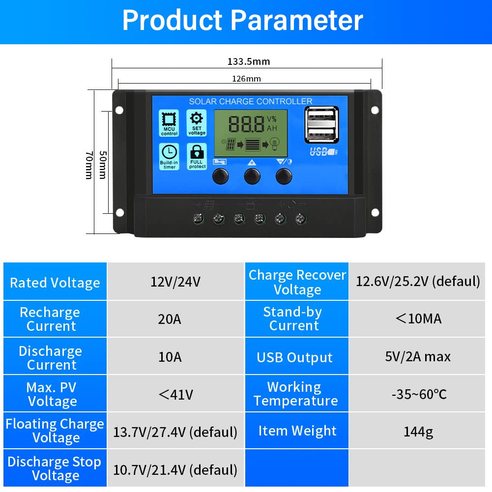 10A PWM Solar Charge Controller - 12V/24V LCD Display Intelligent Regulator for Solar Panels & Batteries - Perfect for Street Lights, RV, Marine & Off-Grid Power Systems