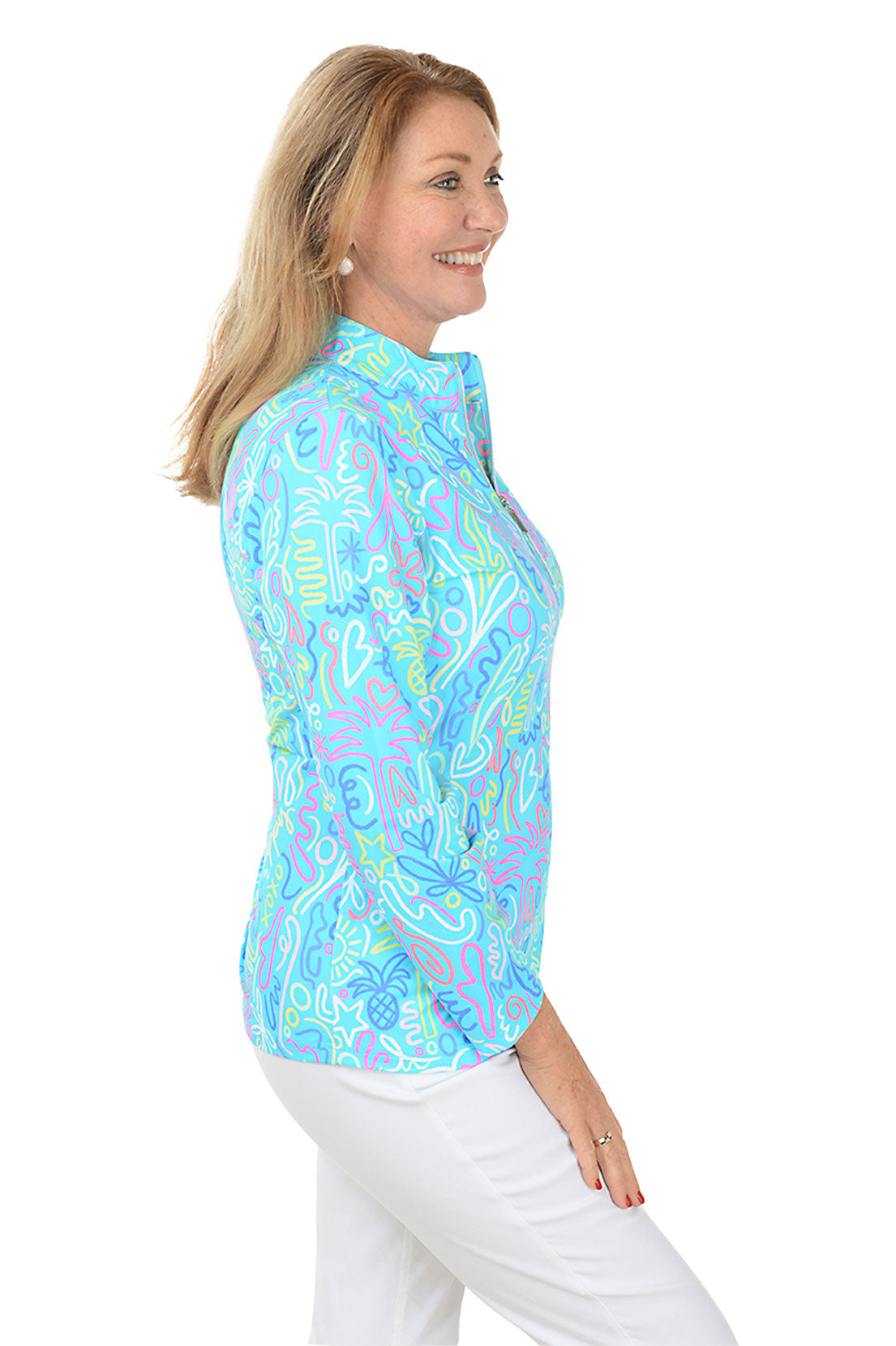 UPF50+ Cooling Blue Beach Drawings Mock Neck Top - Perfect for Sun Protection & Outdoor Activities