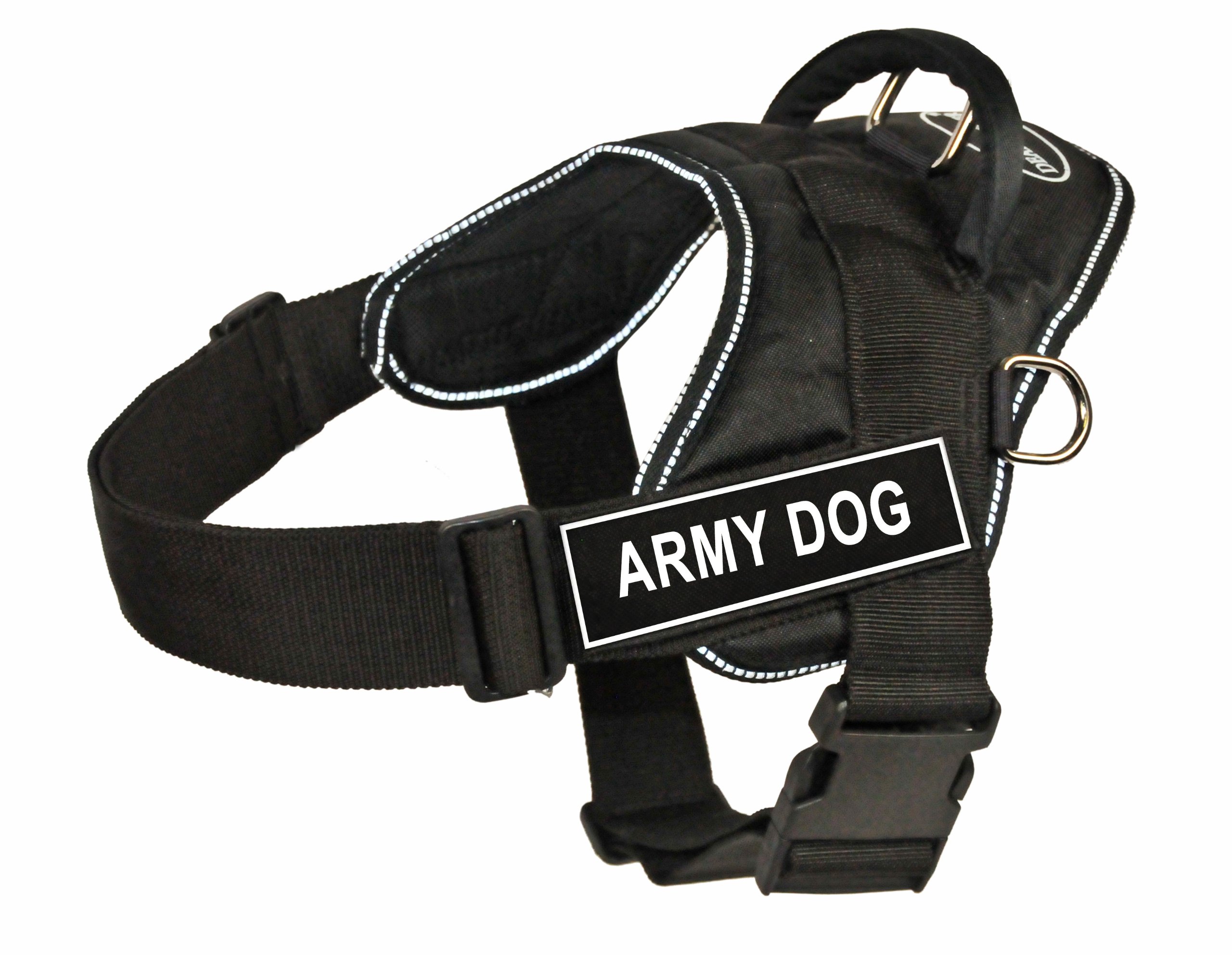 Dean & Tyler Fun Works Army Dog Harness - Medium Size (28-34 Inch Girth), Black Reflective Tactical Vest for Military & Outdoor Dogs - Perfect for Hiking, Training & Security Work