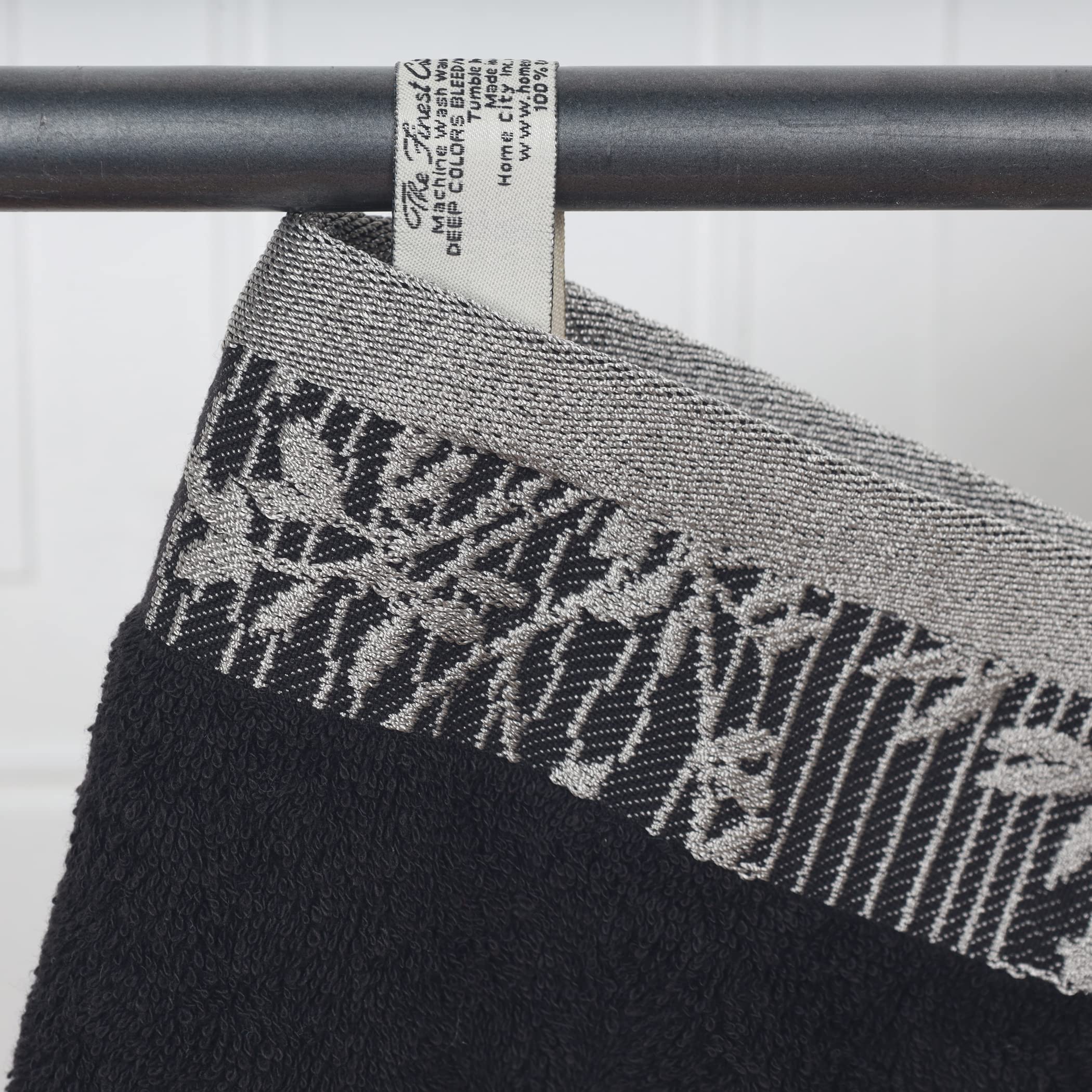 Premium 3-Piece Cotton Towel Set - Floral Jacquard Dobby Trim, Ultra Soft & Quick-Drying Bath Towels for Bathroom, Shower & Spa | Includes Body Towel, Hand Towel & Washcloth | Wisteria Collection in Black | Perfect for Luxury Bathrooms, Guest Rooms & Spa Days