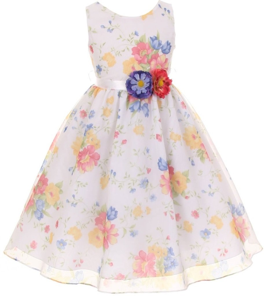 Little Girls Multi Color Floral Print Corsage Easter Dresses - Cute Spring Flower Party Outfits for Toddler & Kids