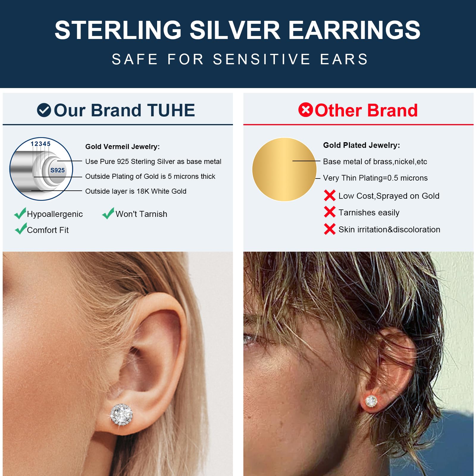 Moissanite Halo Stud Earrings 0.2-4 Carats (3-8mm) - 18k Gold Plated 925 Sterling Silver - D Color VVS1 Round Cut - Wedding, Anniversary & Mother's Day Gifts for Women & Men - Perfect for Bridal Jewelry, Date Night & Special Occasions