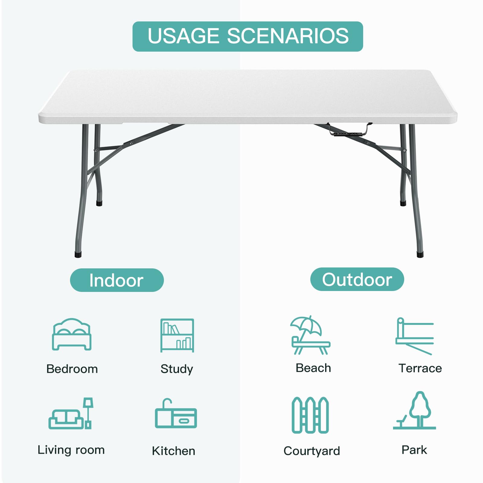 6FT Plastic Folding Table - Portable Lightweight Foldable Table for Outdoor Picnic, Camping, Party, Wedding, BBQ & Kitchen Use - Easy Carry Handle & Lock System - White - Perfect for Backyard Gatherings, Tailgating & Beach Trips