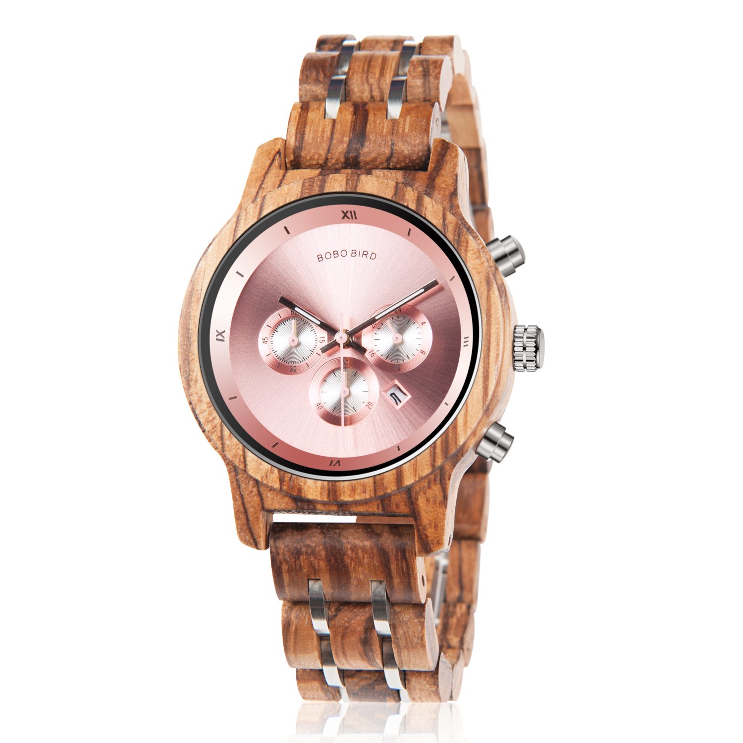 BOBO BIRD Women's Wooden Watches - Luxury Wood & Metal Strap Chronograph with Date Display - Zebra Wood & Ebony Quartz Watch - Fashion Casual & Business Wristwatches for Everyday Wear, Office & Special Occasions