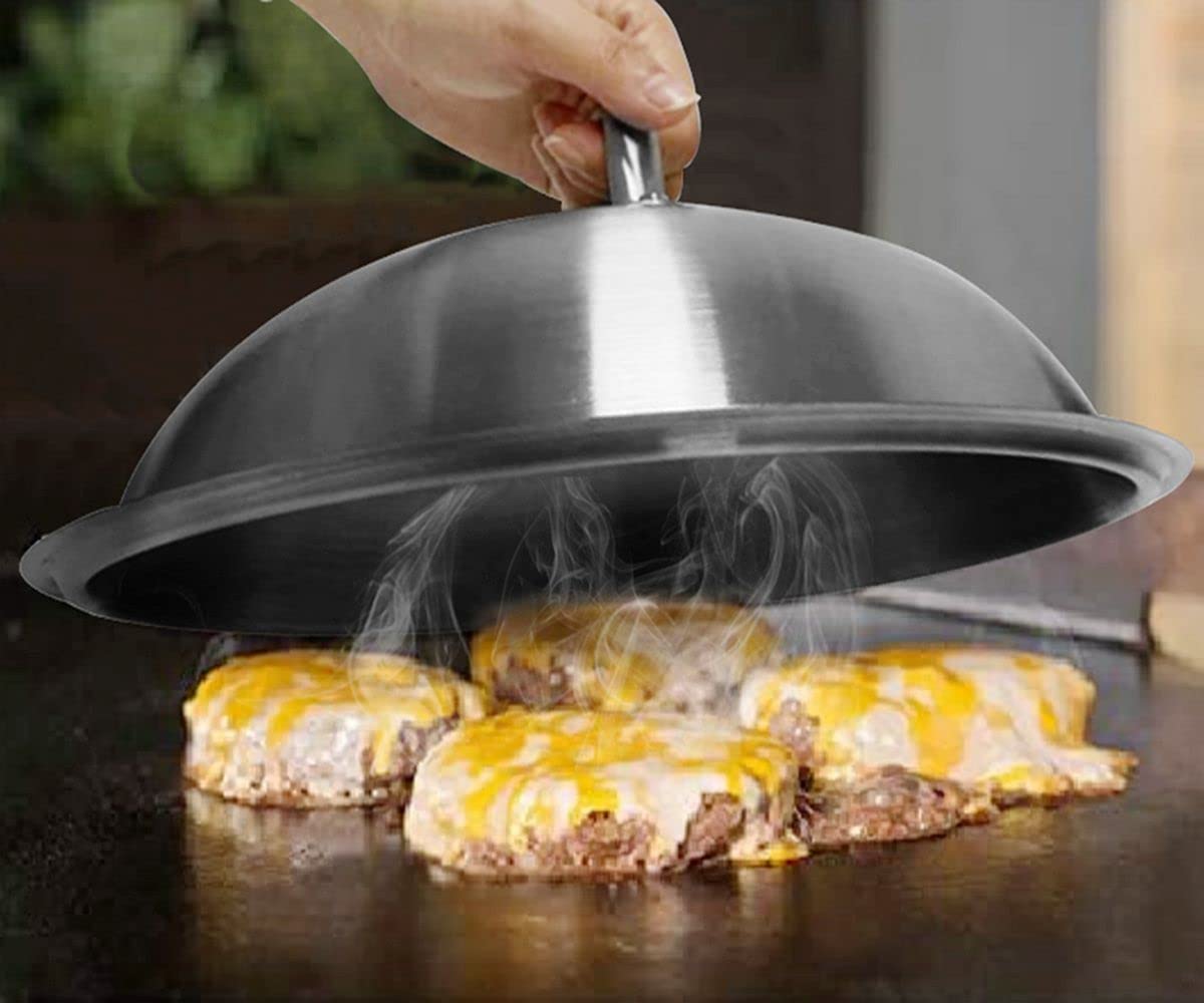 Heavy Duty 12 Inch Round Stainless Steel Griddle Accessories - Basting Cover, Cheese Melting Dome & Steaming Lid for Flat Top Grills - 0.6mm Thickness - Perfect for Indoor/Outdoor BBQ, Burgers, Pancakes & Breakfast Cooking