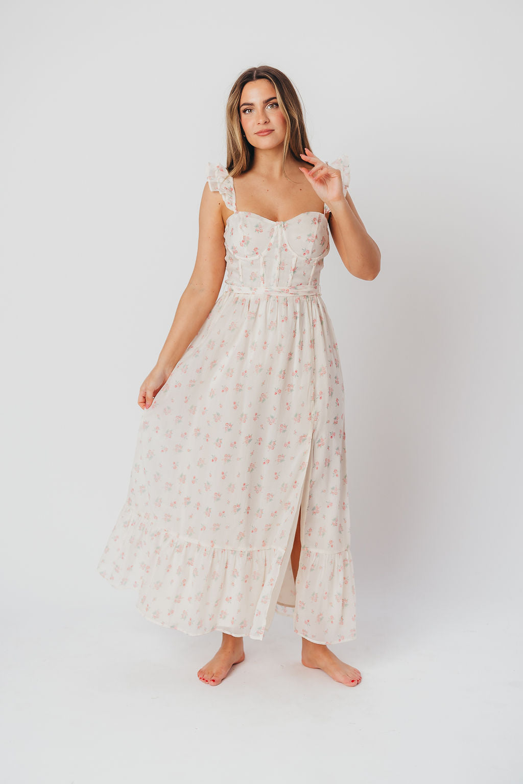 Rosamund Bustier Style Maxi Dress - Floral Blush Pink Women's Plus Size Dress (S-3XL) | Perfect for Weddings, Parties & Summer Vacations