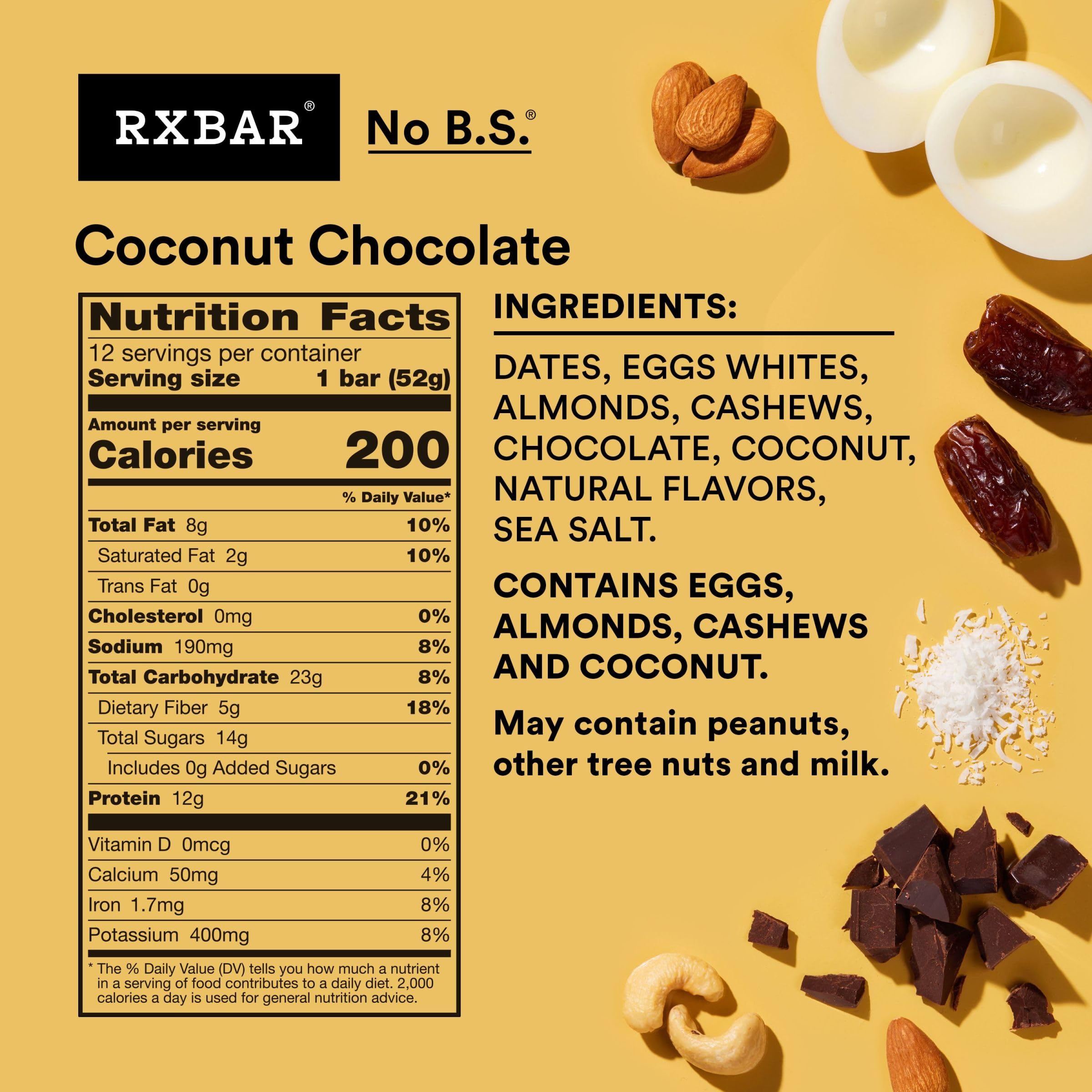 RXBAR Protein Bars - Coconut Chocolate Flavor, 22oz Box (12 Bars) | High Protein Snack for Workout Recovery, Healthy On-the-Go Breakfast & Travel Snacks