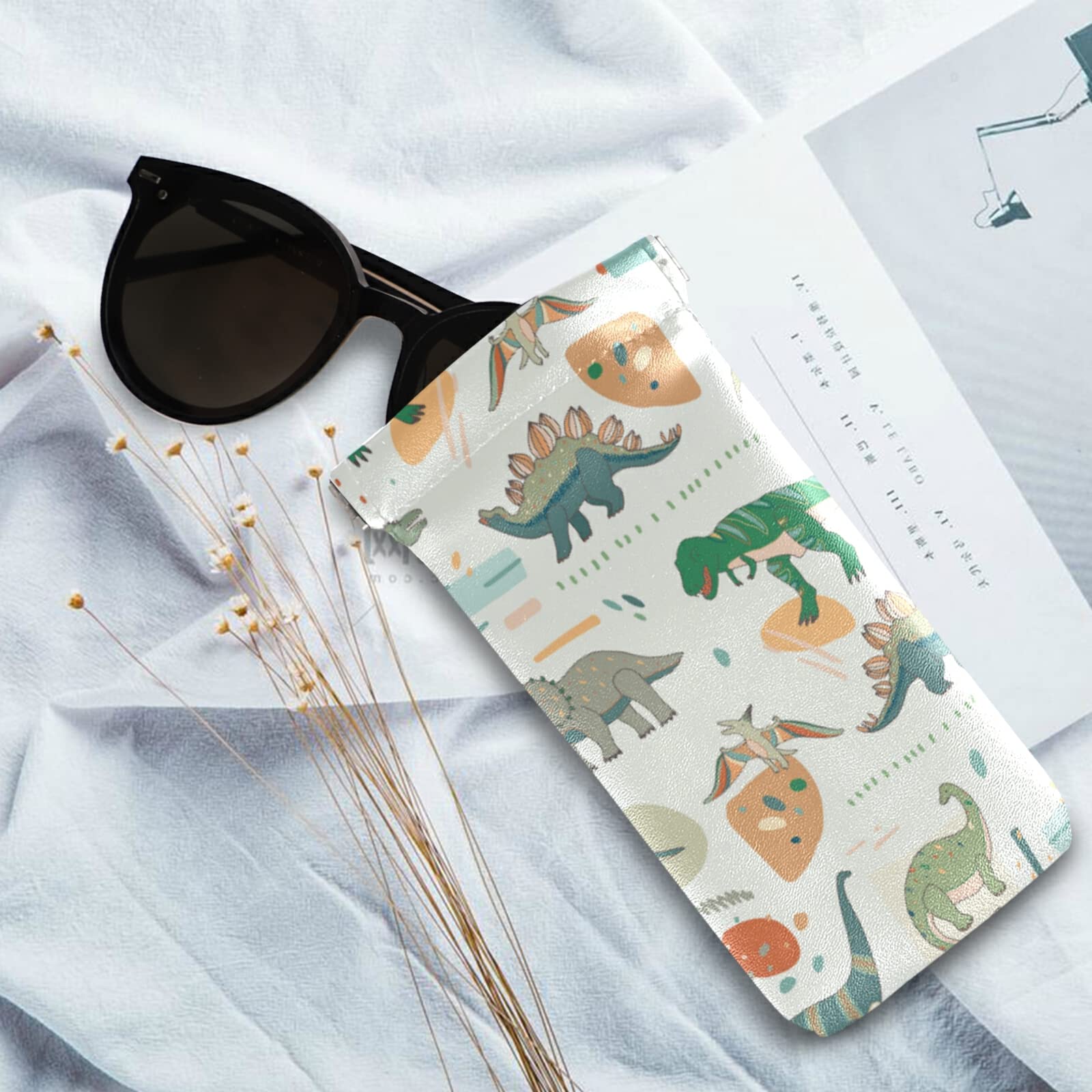 Dinosaur Cartoon Sunglasses Case - Large Soft PU Leather Glasses Pouch with Squeeze Top - Portable Eyewear Storage Bag for Men, Women & Kids - Perfect for Travel, School, Beach & Outdoor Activities