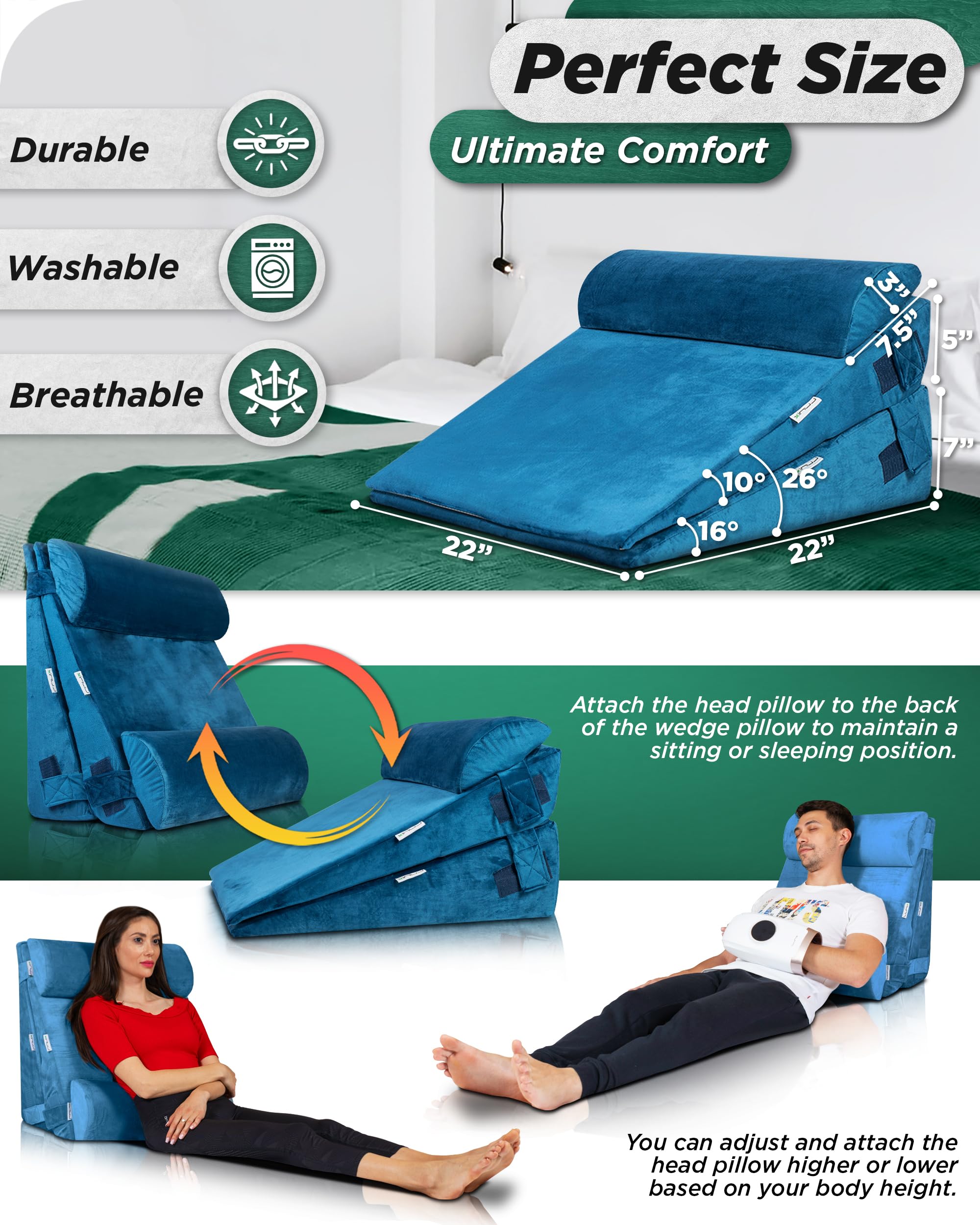 4pcs Orthopedic Bed Wedge Pillow Set for Back, Leg & Knee Pain Relief - Post Surgery Memory Foam Support Pillows with Hot/Cold Pack - Adjustable Sitting Pillow for Sleeping, Acid Reflux & GERD - Perfect for Home Recovery & Comfort (Blue)