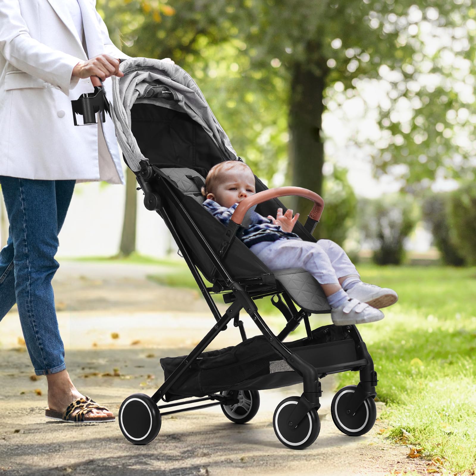 VEVOR Lightweight Baby Stroller with Adjustable Backrest (95°-150°) & Footrest (0°-90°), One-Click Fold, Cup Holder & Carry Bag - Perfect for Newborns & Toddlers - Ideal for Shopping, Travel & Daily Walks (Light Grey)