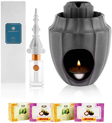 HARNN SUUKH Red Rose Aroma Diffuser & Black Lotus Massage Oil Warmer Set - Premium Thai Spa Essential Kit for Relaxation | Perfect for Home Spa, Yoga Studio & Gift Giving | Includes Free Tomato Facial Mask | Fast DHL Express Shipping