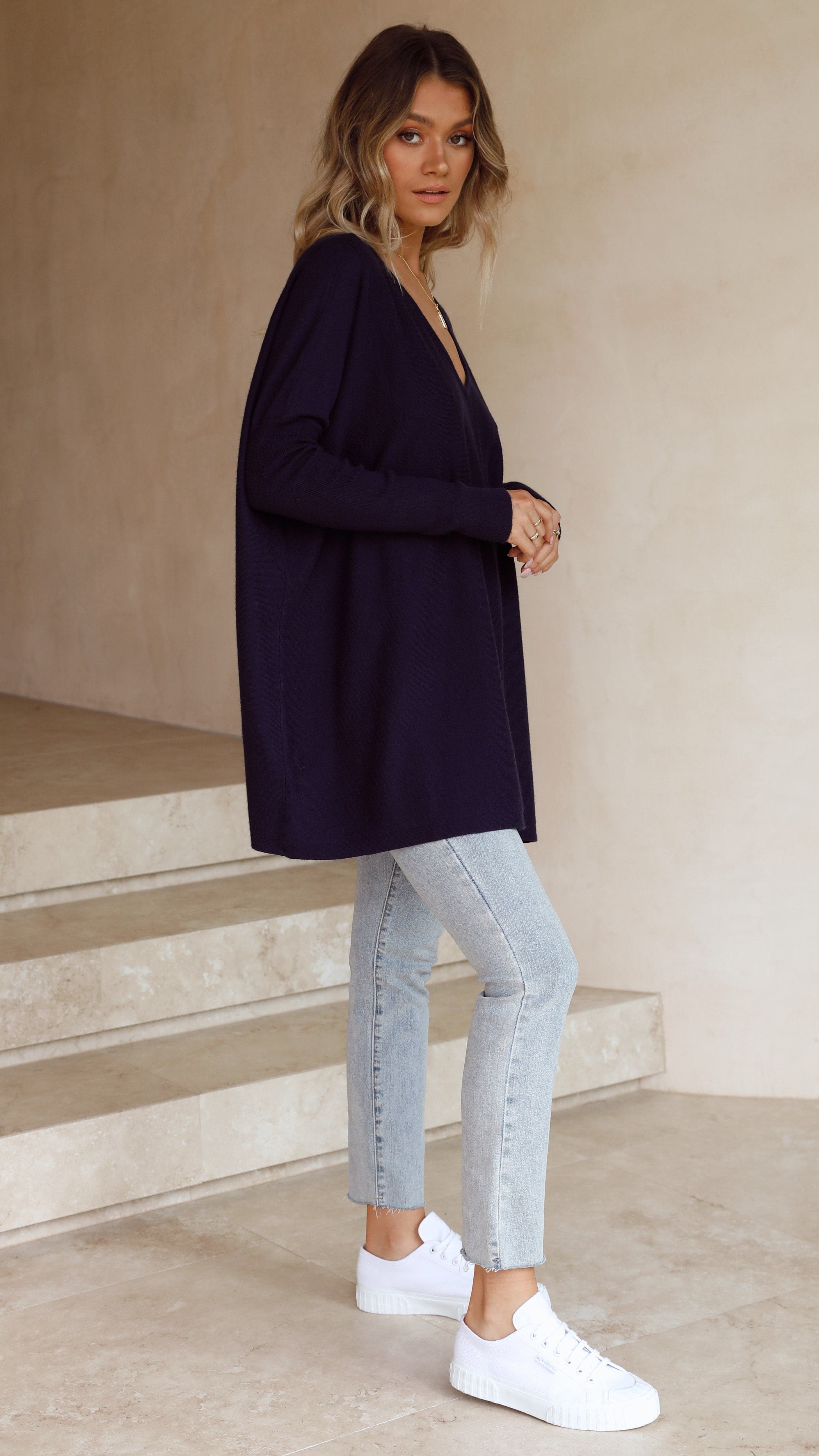 Amalia Knit Top for Women - Soft & Comfortable Navy Blue Crewneck T-Shirt - Perfect for Casual Wear, Layering & Everyday Outfits