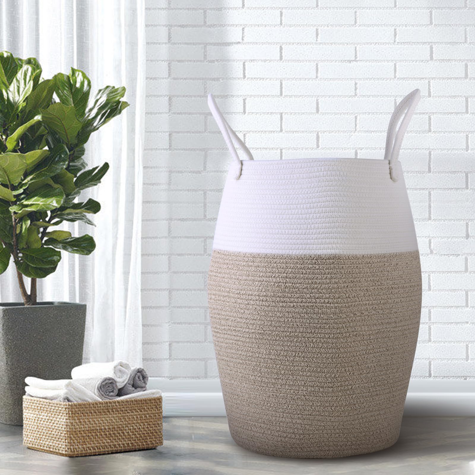 Large Woven Laundry Basket with Handles - Tall Nursery Hamper for Baby Clothes, Blankets & Towels | Round Storage Basket for Organizing Kids' Dirty Clothes & Living Room Essentials | Decorative Fabric Cotton Basket in Brown-White | Perfect for Nursery, Bedroom & Bathroom Storage