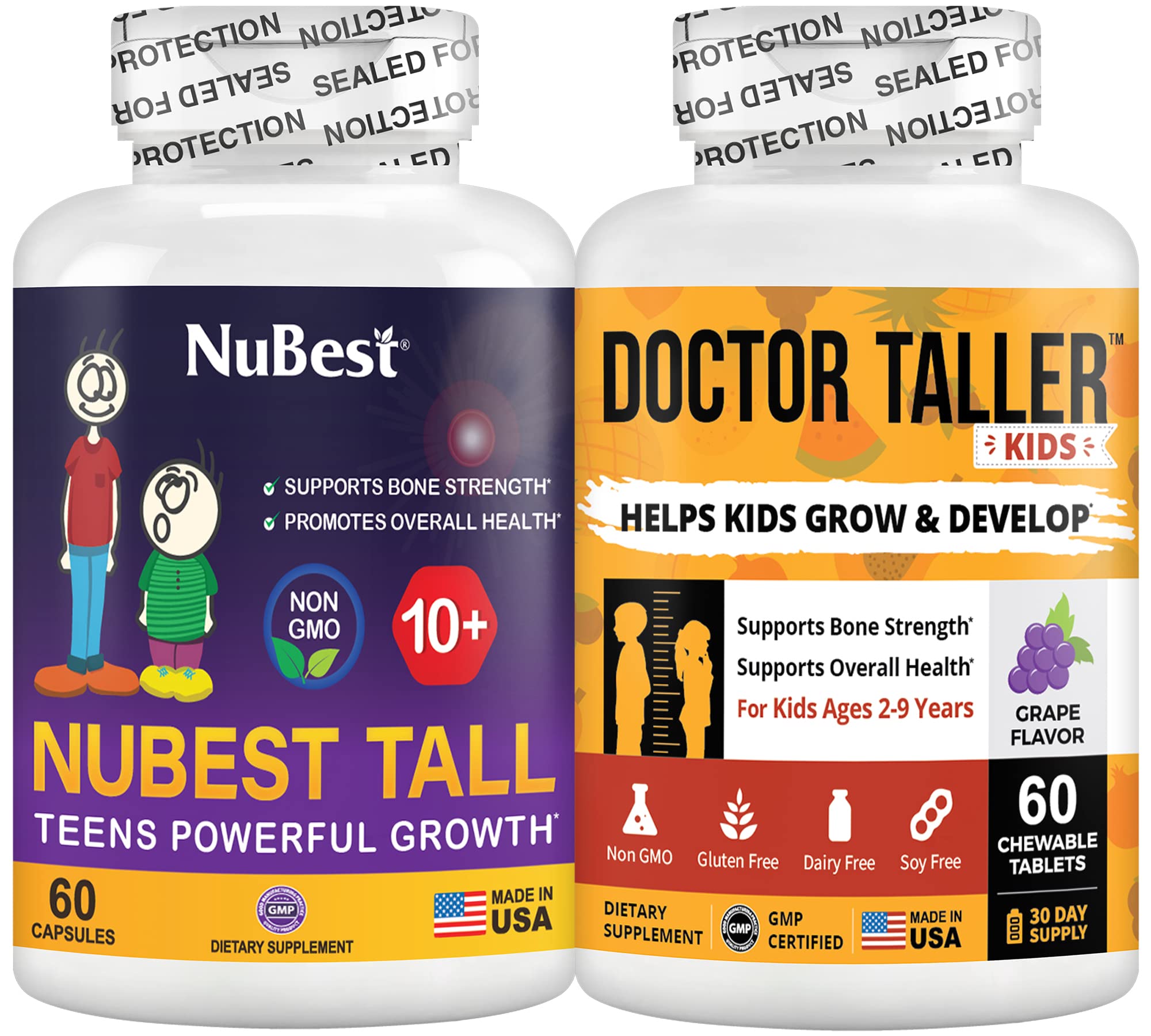 NuBest Tall 10+ Growth Supplement for Kids & Teens (60 Capsules) + Doctor Taller Kids Vegan Chewable Tablets (60 Count) for Ages 2-9 - Natural Height Support for Healthy Growth - Perfect for School, Sports & Daily Nutrition