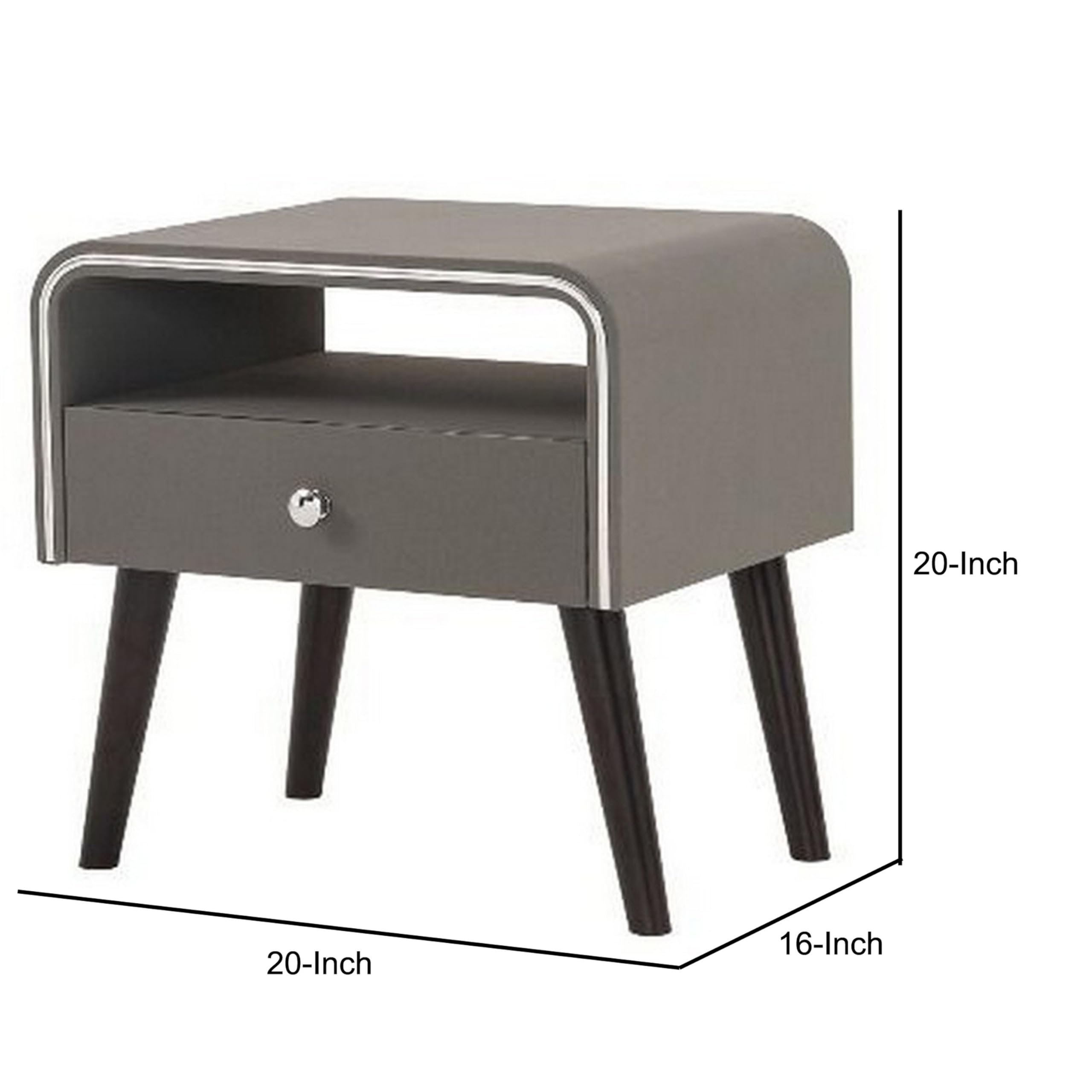 Benjara Modern Gray and Brown Nightstand with Chrome Trim - 1 Drawer Curved Edge Bedside Table for Bedroom, Living Room, or Office