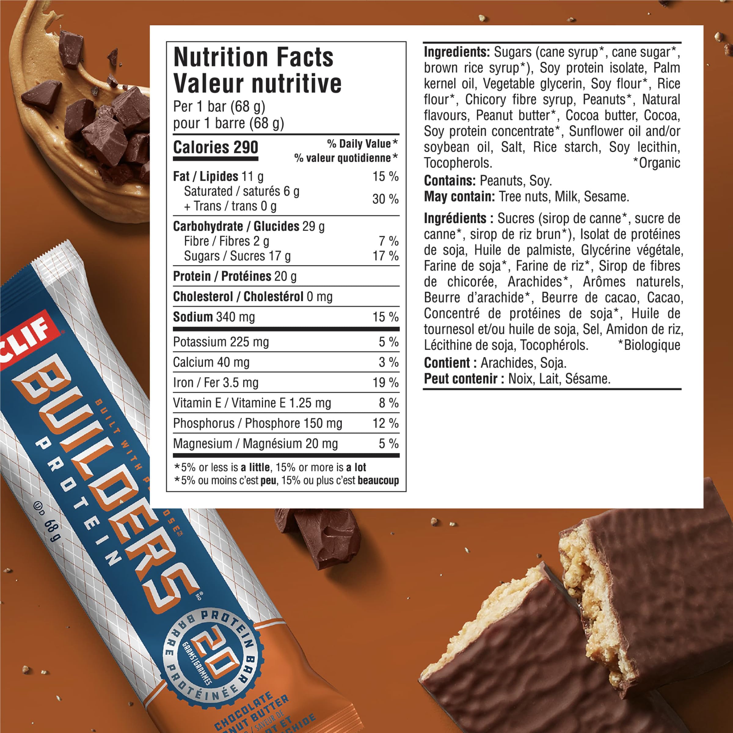 CLIF BUILDERS Protein Bars - Chocolate Peanut Butter Flavor, 20g Protein, Gluten Free, No Artificial Sweeteners, 68g (12 Pack) | High Protein Snack for Gym, Hiking & Post-Workout Recovery