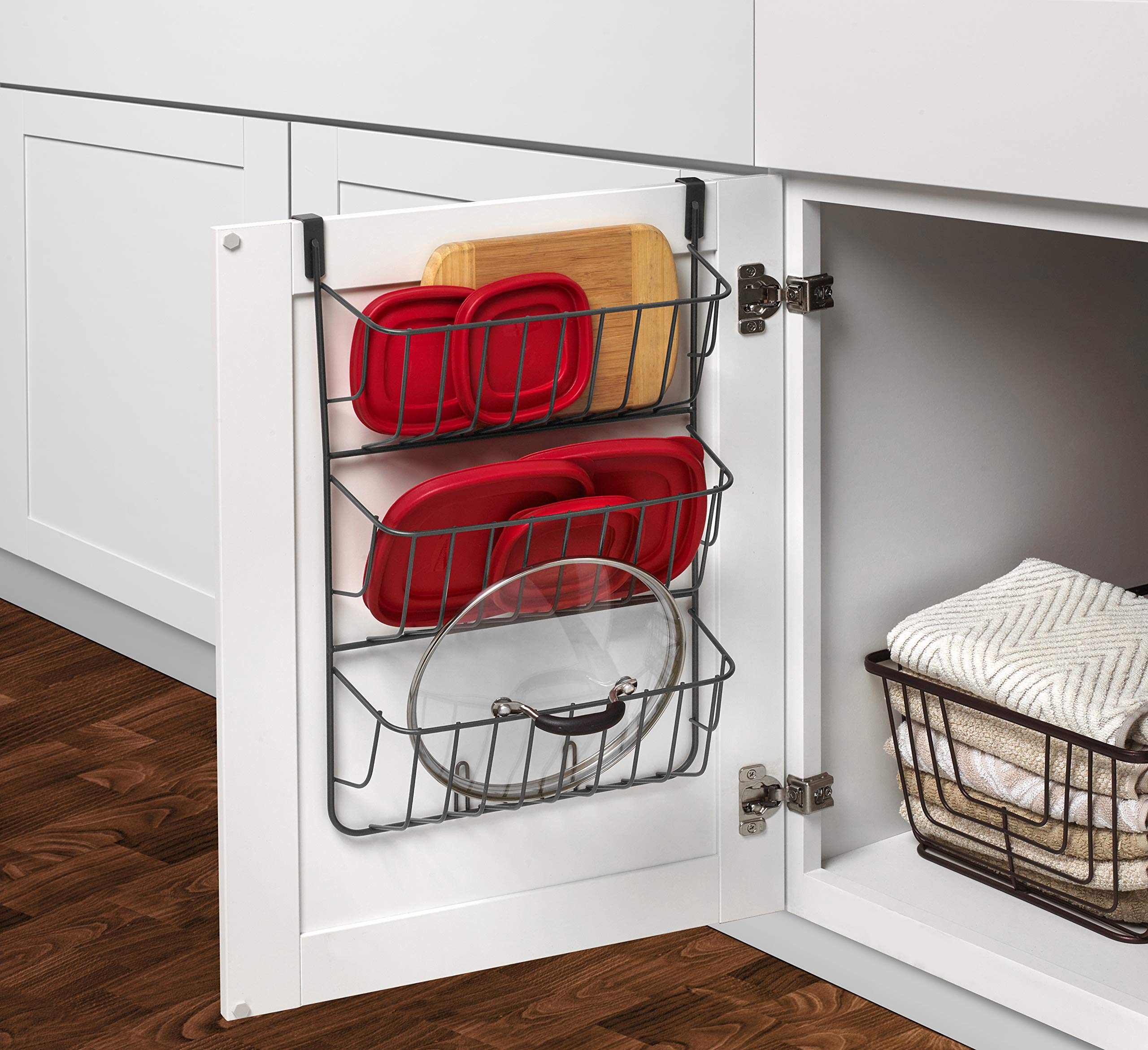3-Tier Over The Cabinet Lid Organizer - Large Gray Kitchen & Pantry Storage for Pots, Pans & Lids | Space-Saving Solution for Cluttered Cabinets