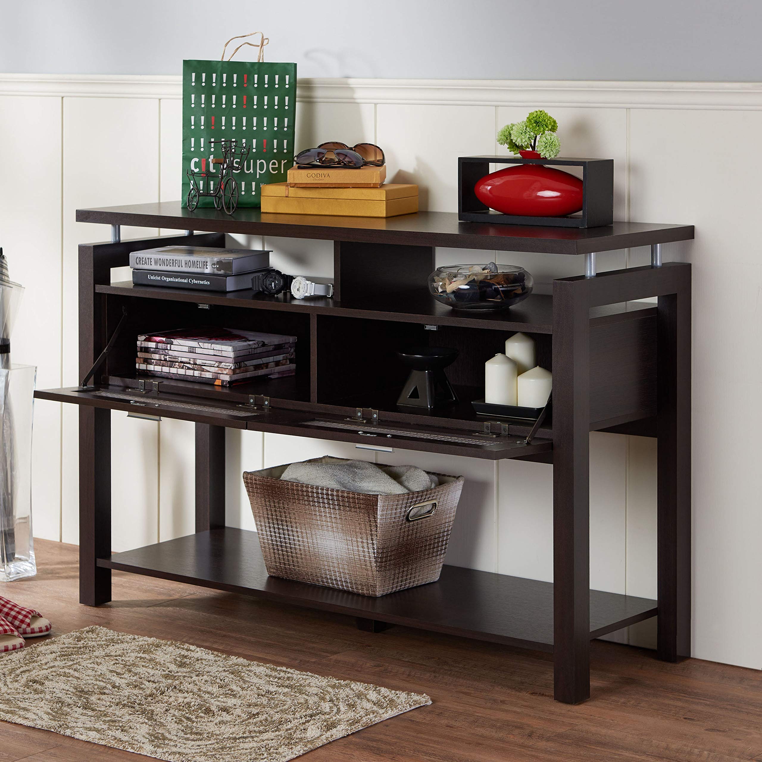 Modern Brown Espresso 2-Tier Sofa Table with Storage Shelf - Transitional Rectangle Design in MDF Wood Veneer Finish - Perfect for Living Room, Entryway or Behind Couch Home Decor