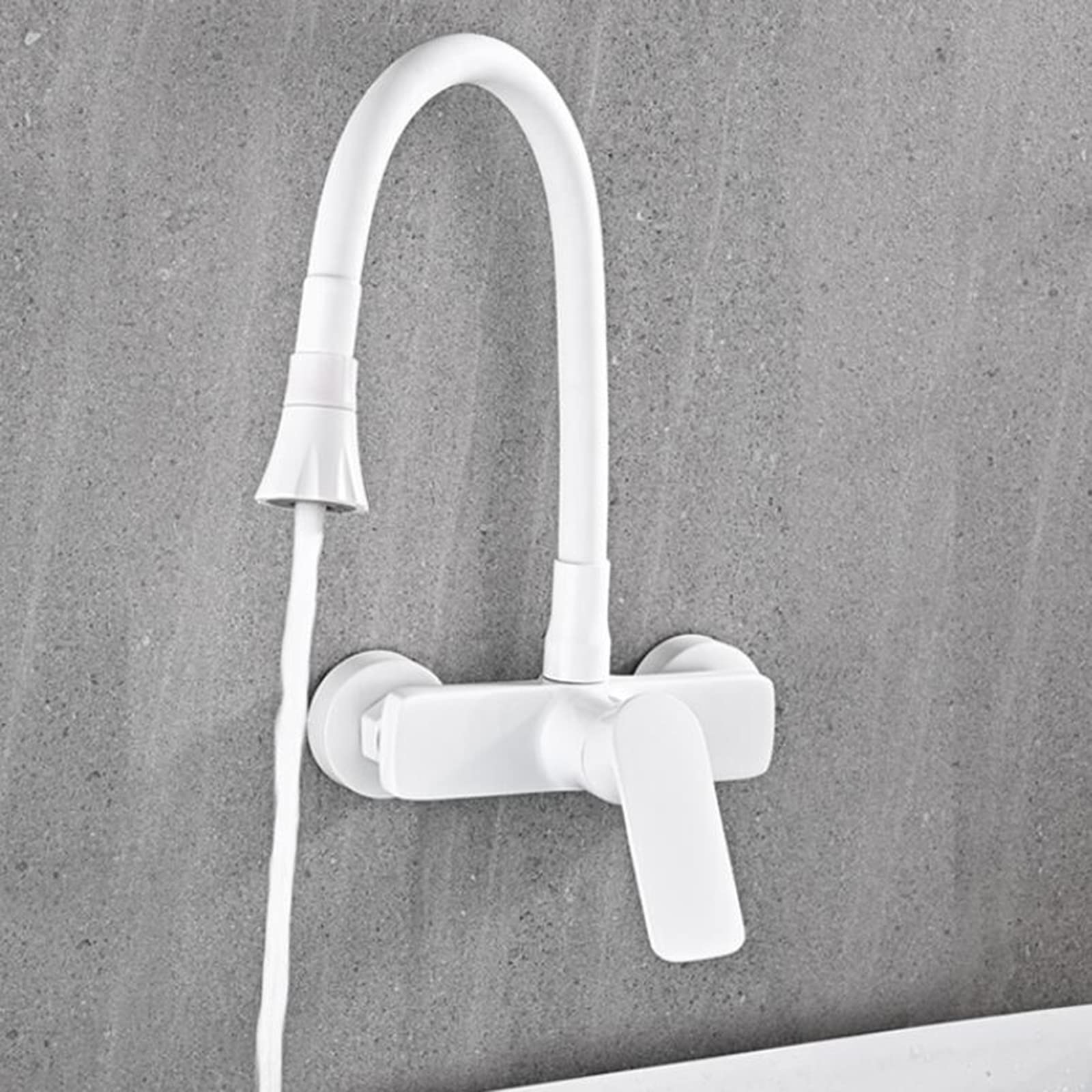 Wall Mount Kitchen Faucet with Brass Showerhead - Hot/Cold Water Swivel Sink Faucet in White | Perfect for Small Kitchens, RV Bathrooms & Outdoor Sinks