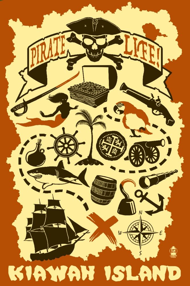 Kiawah Island South Carolina Pirate Icons 56228 - Signed 24x36 Art Print, Wall Decor Poster for Coastal & Nautical Themed Rooms