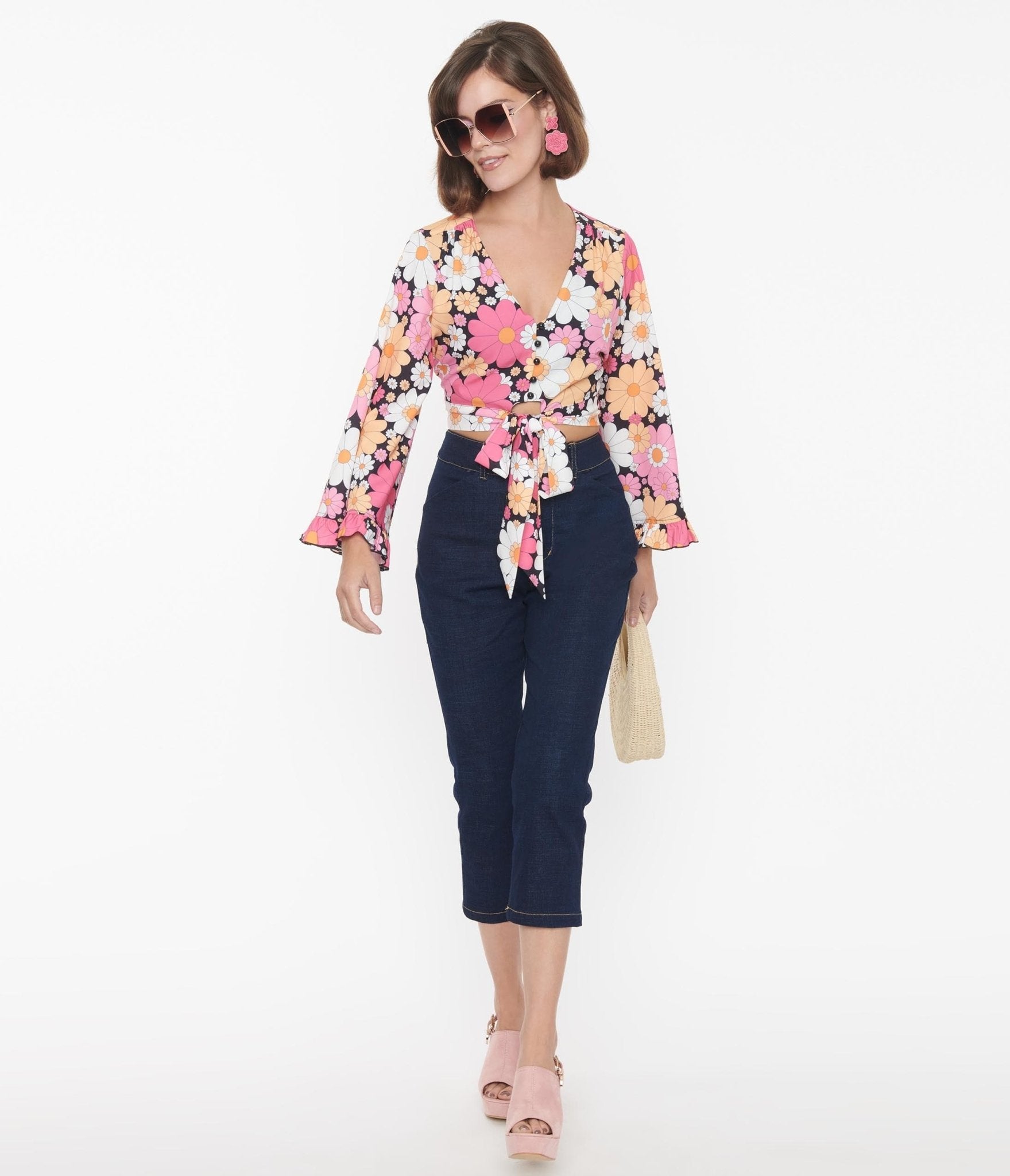 Smak Parlour Women's Dark Blue Floral Pocket Denim Capris - Casual Stretch Skinny Jeans for Spring & Summer Outfits