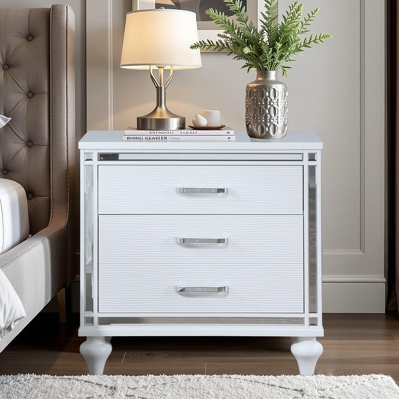 Modern White Nightstand with Mirror Frame & Crystal Pulls - 2 Drawers + Hidden Storage, Bedside Table for Bedroom, Living Room - Perfect for Small Spaces & Apartment Decor