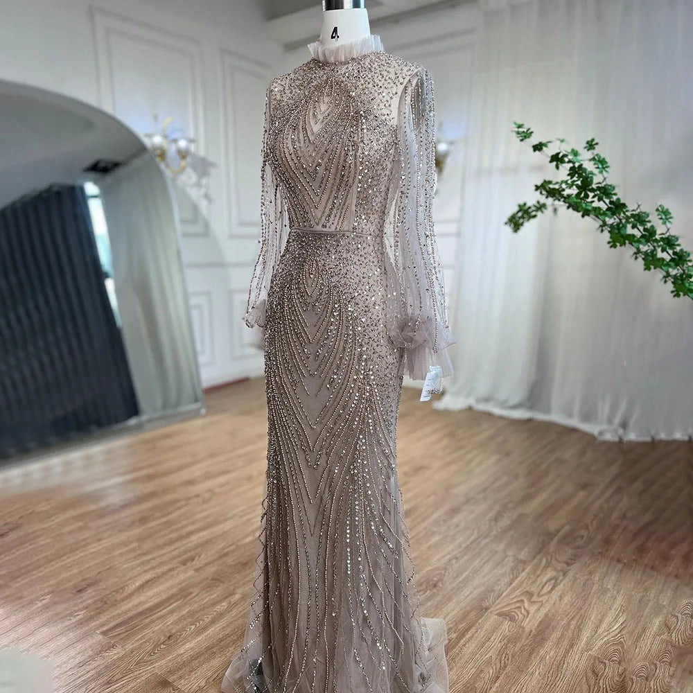 Elegant Purple Mermaid Evening Gown with High Neck & Long Sleeves - Beaded Luxury Women's Party Dress for Prom, Wedding & Formal Events | LA71690
