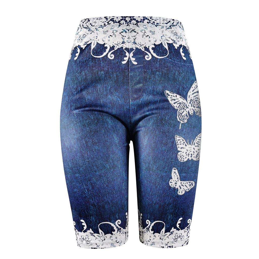 ZANFUN Women's High Waisted Yoga Shorts - Stretchy Imitation Denim Butterfly Print Jeggings for Gym, Workout & Casual Wear (Sizes S-3XL) | Perfect for Yoga, Running & Summer Activities