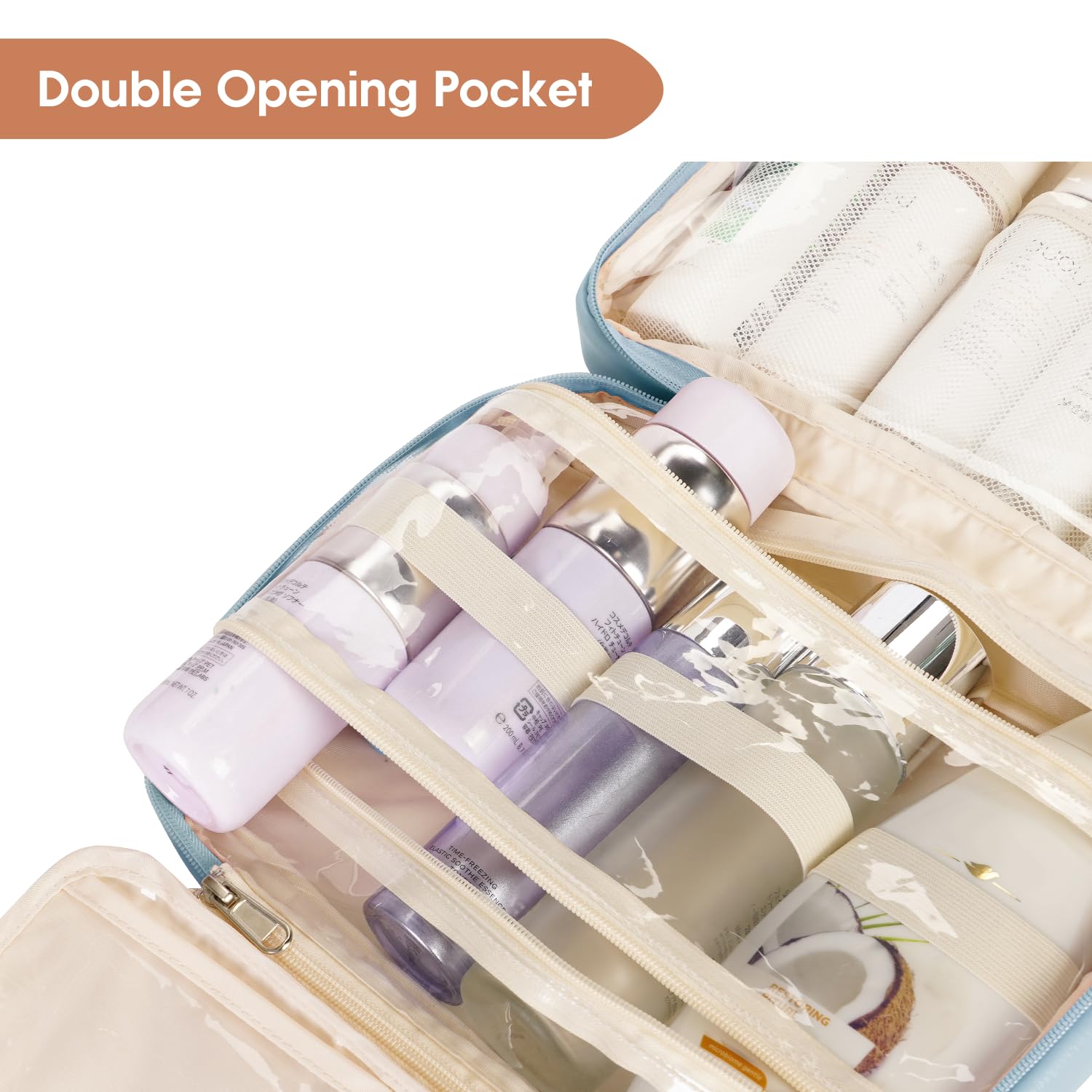 Waterproof Hanging Travel Toiletry Bag for Women - PU Leather Makeup Organizer with 4 Compartments for Full-Sized Cosmetics (Blue) | Perfect for Camping, Gym & Airplane Carry-On