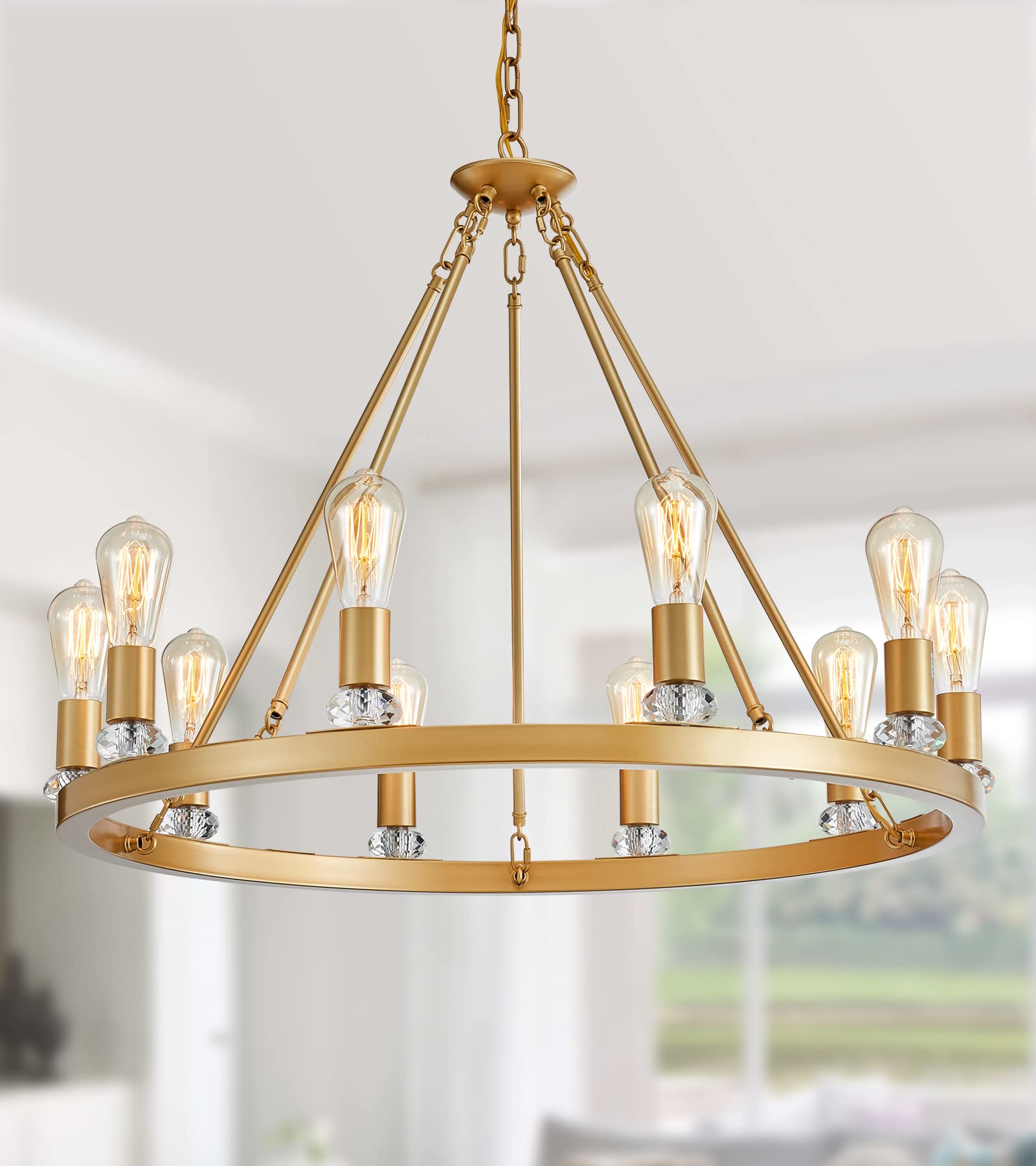 MEIXISUE 10-Lights Large Round Gold Modern Wagon Wheel Chandelier - Luxury Industrial Island Pendant Light Fixture for Living Room, Foyer, Entryway - Adjustable Chain & UL Listed - Perfect for Farmhouse, Loft, and Restaurant Decor