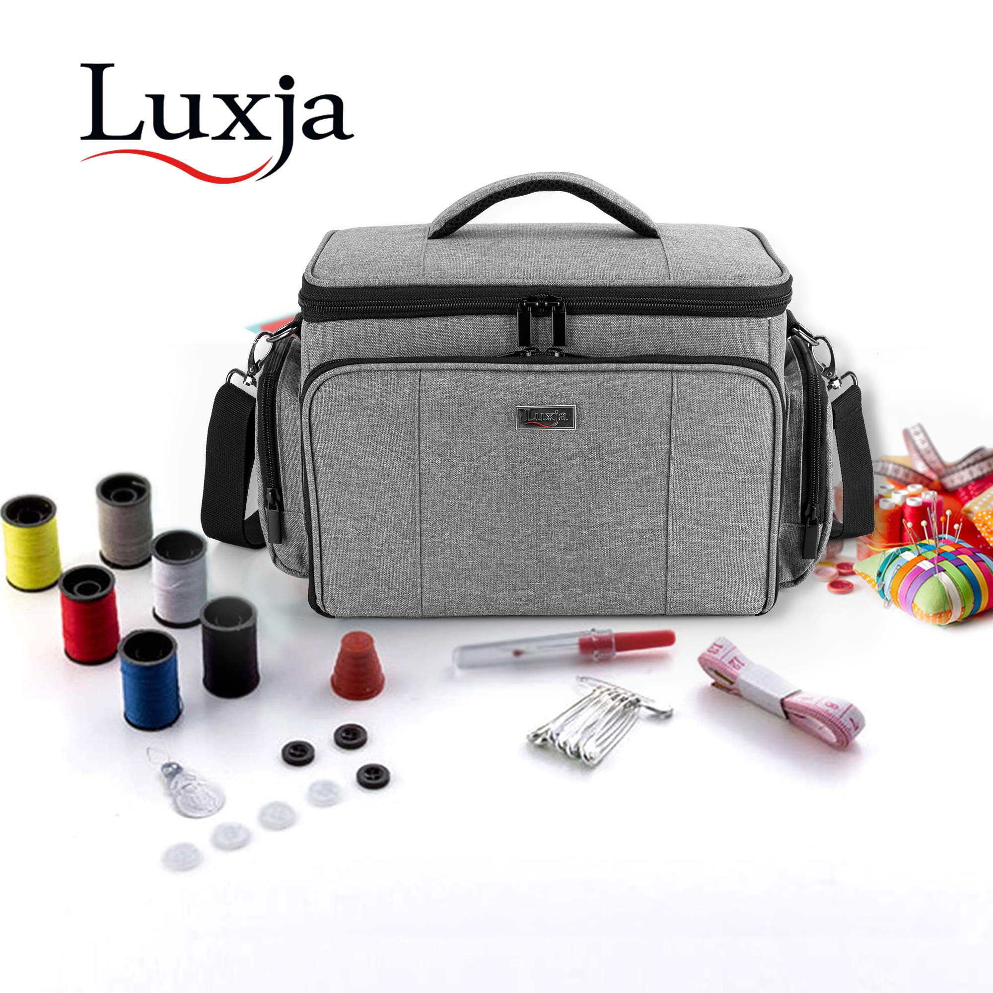 Luxja High Capacity Sewing Accessories Organizer Bag with Adjustable Shoulder Strap - Patent Design Gray Sewing Supplies Storage for Quilting, Embroidery & Craft Projects at Home or Travel