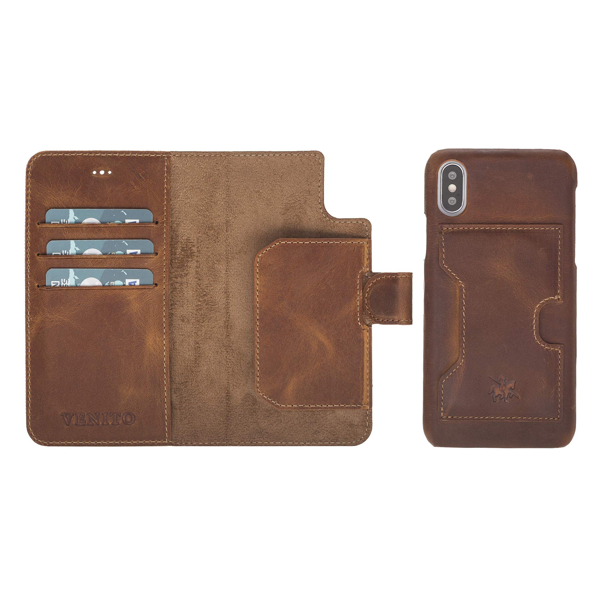 Venito Florence Genuine Leather Wallet Phone Case for iPhone X & Xs - RFID Blocking for Security - Detachable Design - Antique Brown - Perfect for Everyday Use & Travel Accessories