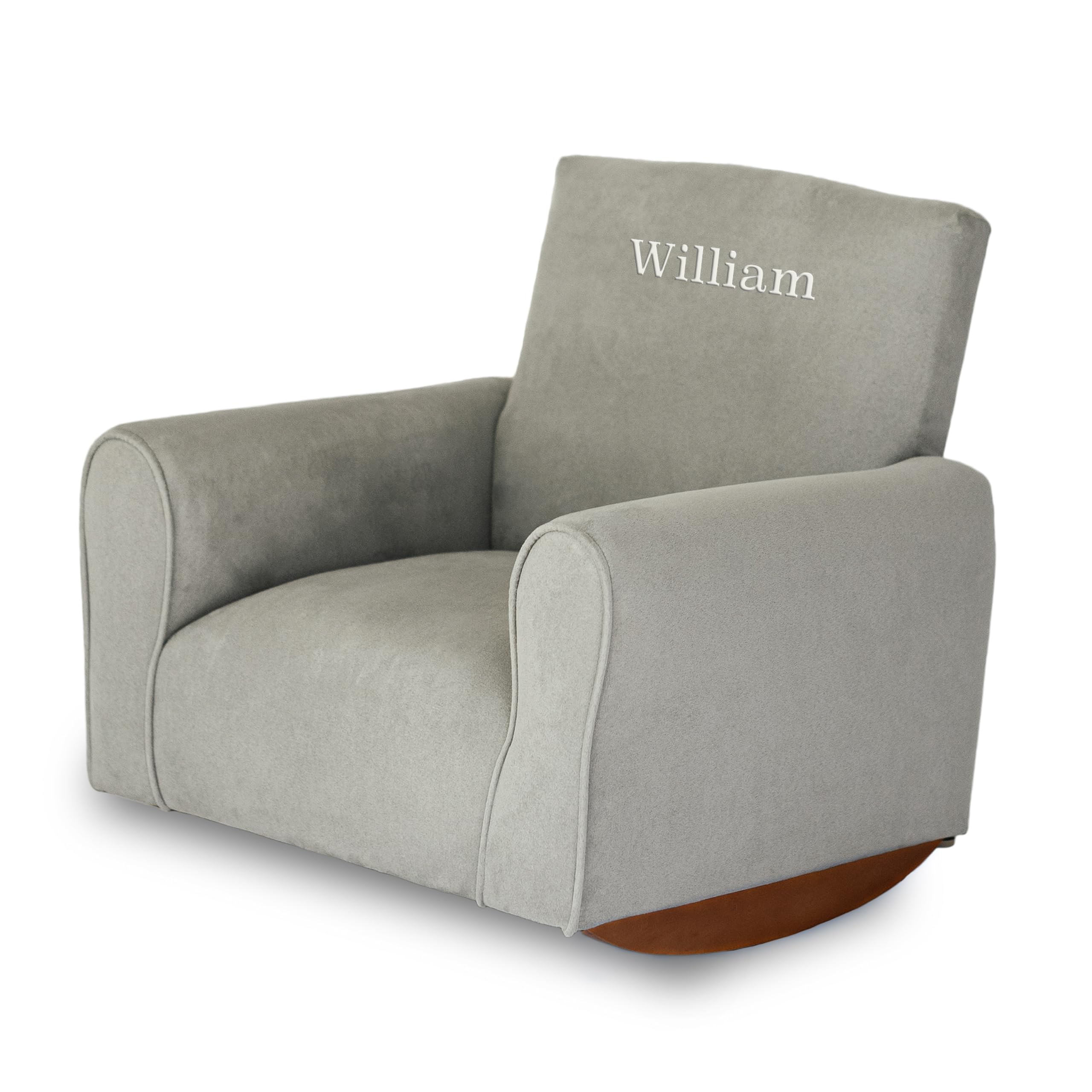 Personalized Kids Rocking Chair with Name - Grey Suede Upholstered Toddler Armchair | Comfortable Nursery Furniture for Bedroom, Playroom & Gift Giving