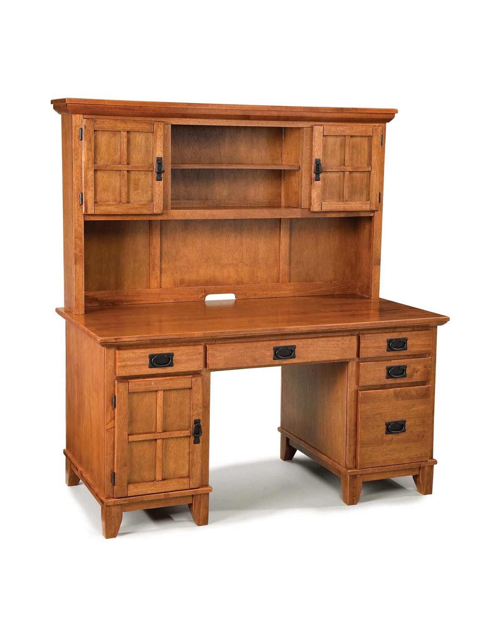 Home Styles Arts and Crafts Cottage Oak Double Pedestal Desk with Hutch - Vintage Home Office Furniture for Writing, Studying & Crafting