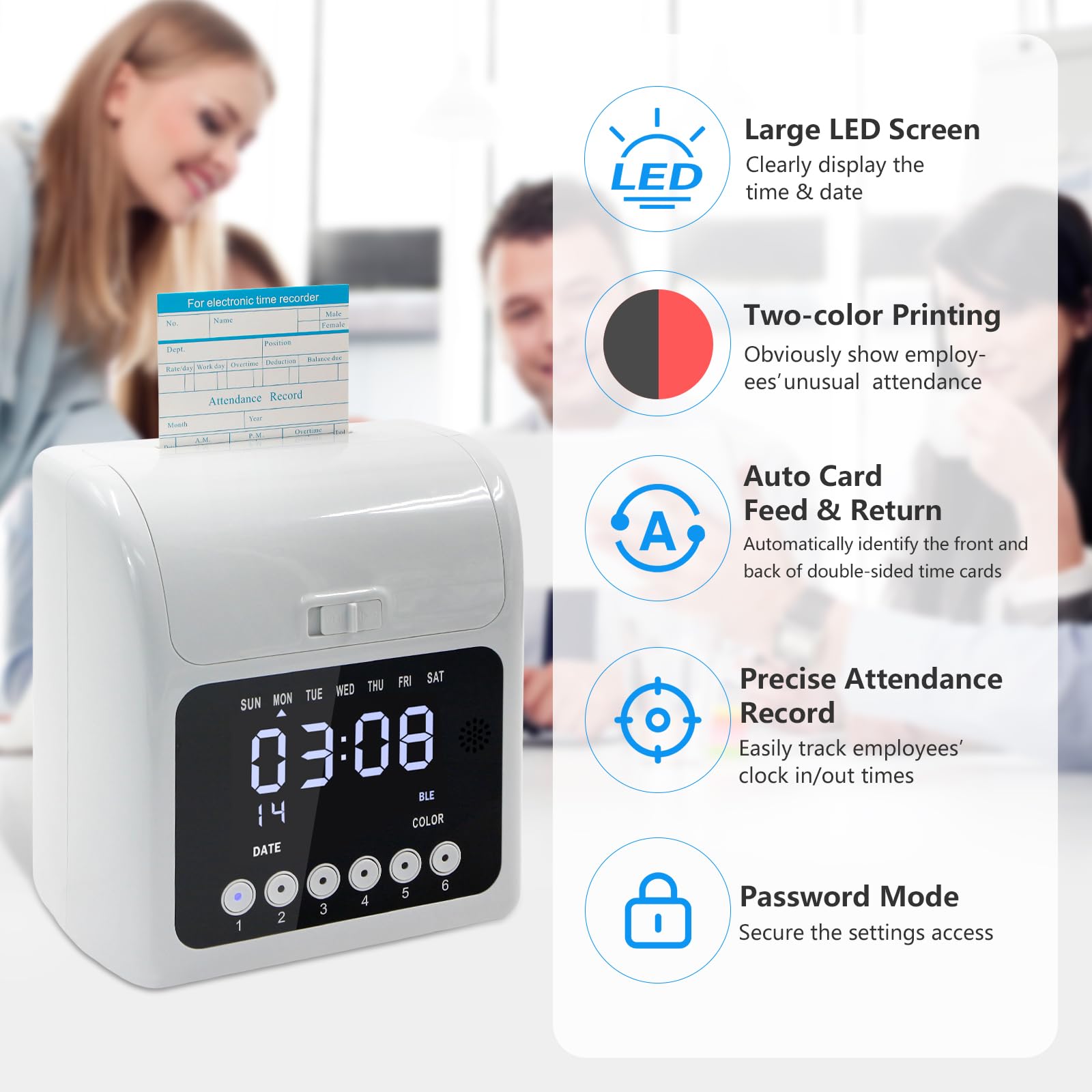 Secure Time Clock with Passcode - Auto-Align Punch Machine for Small Businesses | Includes 50 Time Cards & Ink Ribbon Cartridge | Ideal for Employee Attendance Tracking & Payroll Management