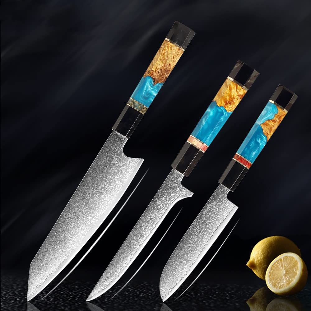 Premium 6-Piece Damascus Steel Kitchen Knife Set - Chef, Cleaver, Paring & Kiritsuke Knives with Resin & Horn Handle for Professional Cooking & Home Use (Color: B8800-3pcB) | Ideal for Slicing, Dicing, Chopping & Food Preparation