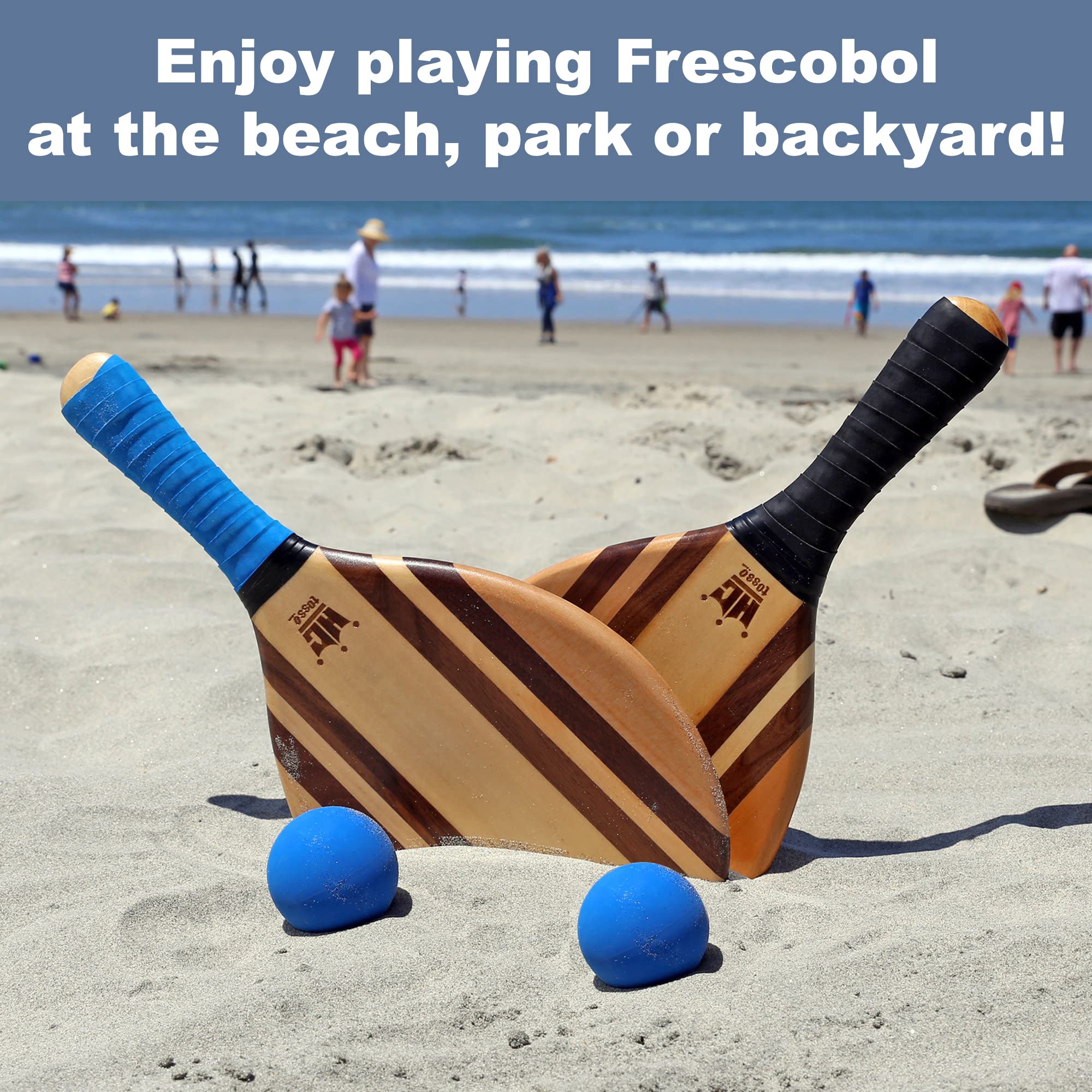 Premium Frescobol Paddle Ball Set - 2 Wooden Paddles, 2 Rubber Balls & Canvas Carry Bag for Beach, Backyard & Outdoor Games - Classic Striped Design for Summer Fun