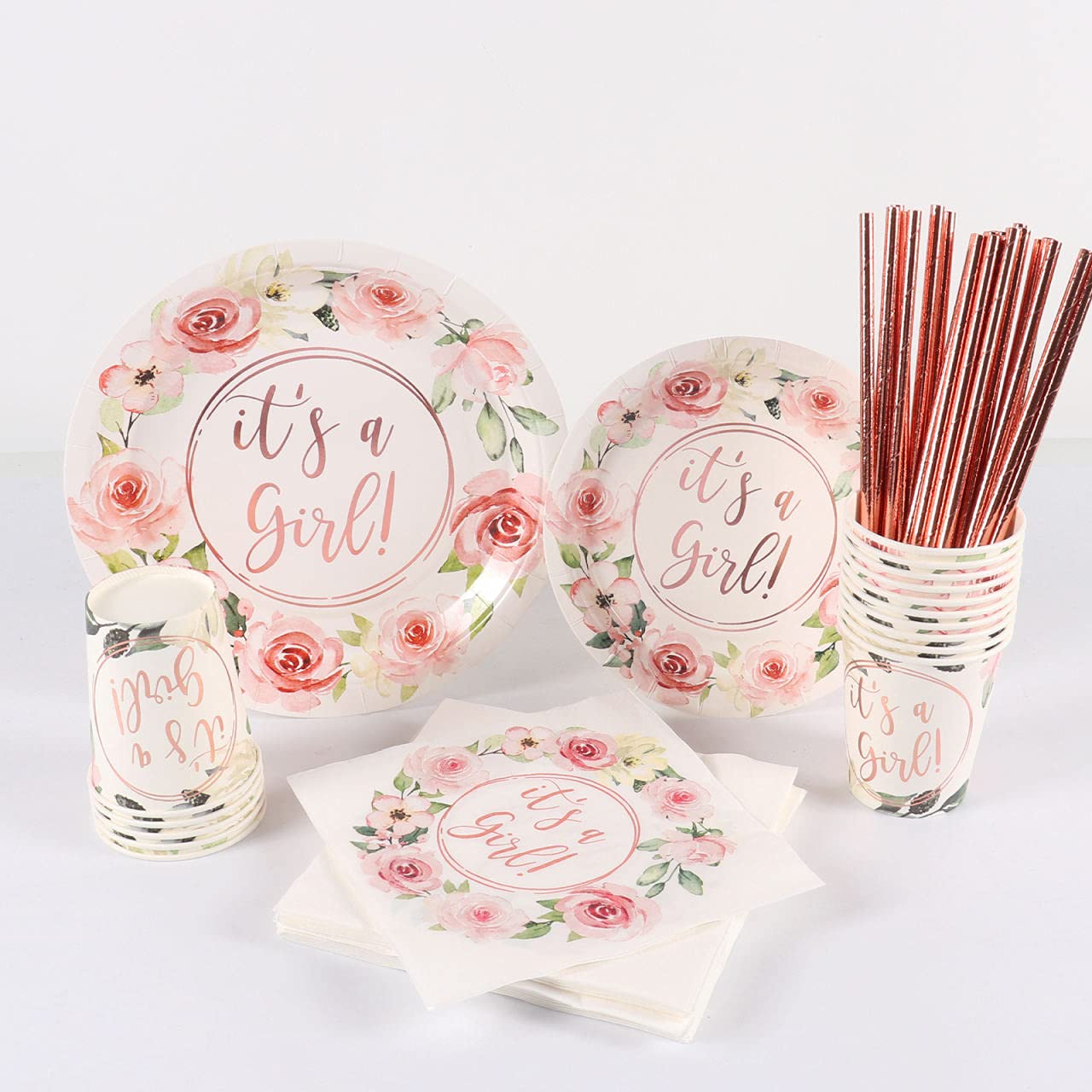 Rose Gold Foil 'It's a Girl' Party Plates Set - 24 Dinner Plates, Dessert Plates, 9oz Cups, Gold Straws & Napkins for Baby Shower & Birthday Decorations | Perfect for Gender Reveal, Bridal Showers & Celebration Parties