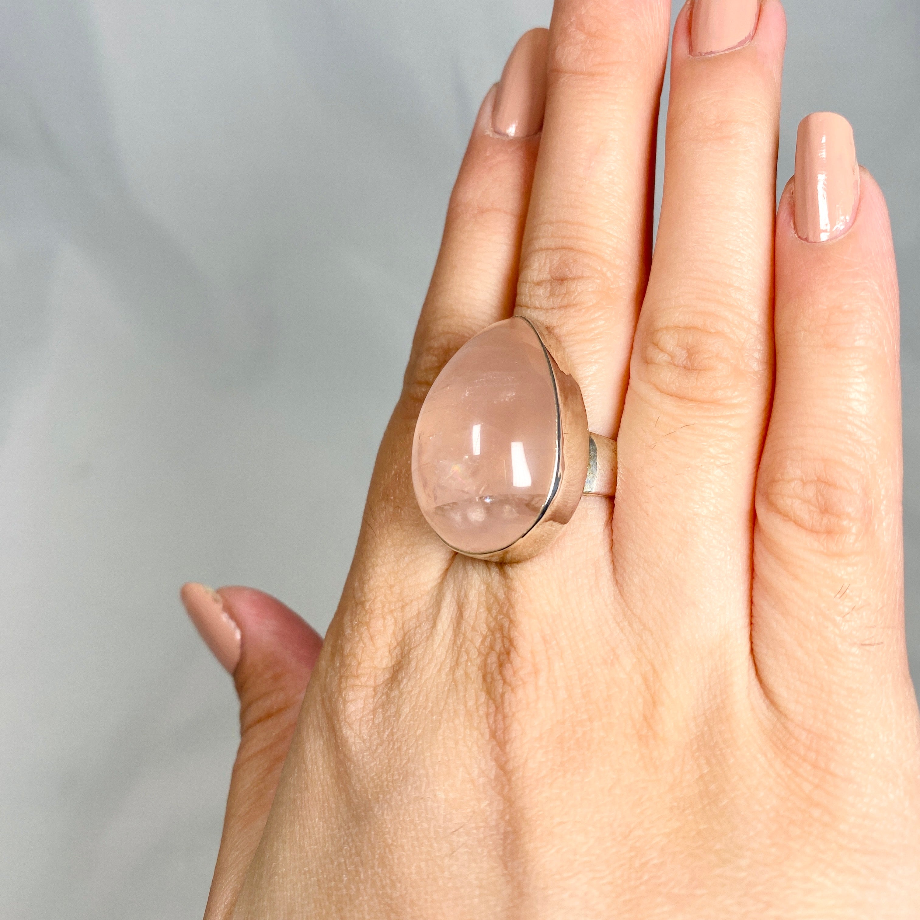 Rose Quartz Teardrop Cabochon Ring - Size 10 - KRGJ1308 - Elegant Handmade Jewelry for Women, Perfect for Weddings, Parties & Everyday Wear